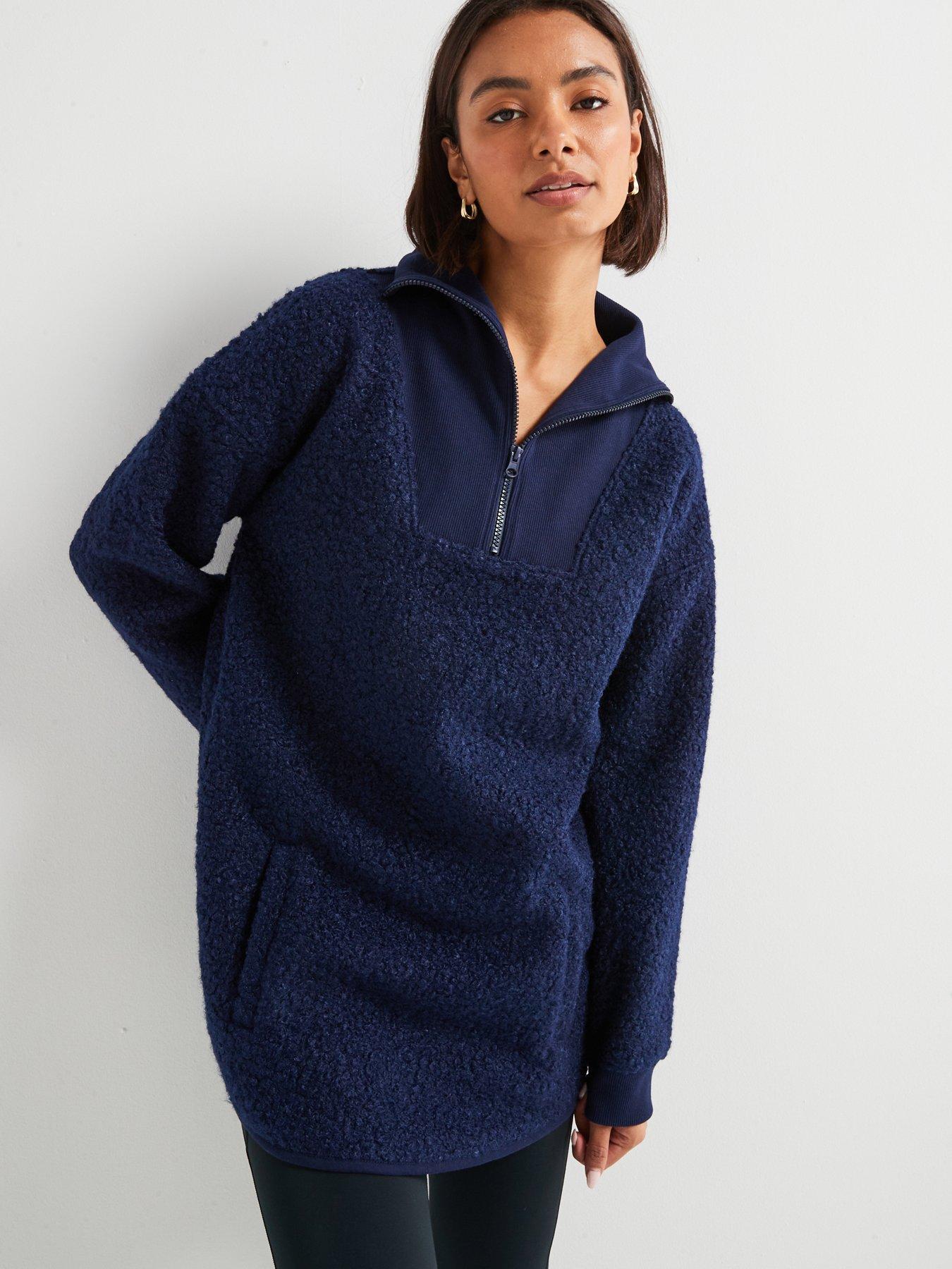 Image of V by Very Ribbed Borg Zip Through Top - Navy