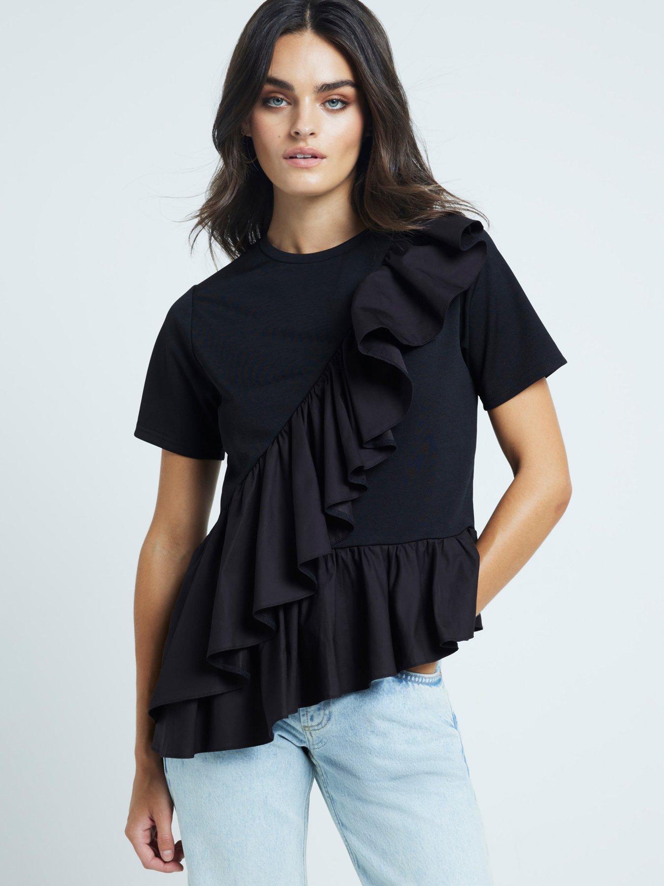 river-island-hybrid-frill-detail-t-shirt-black