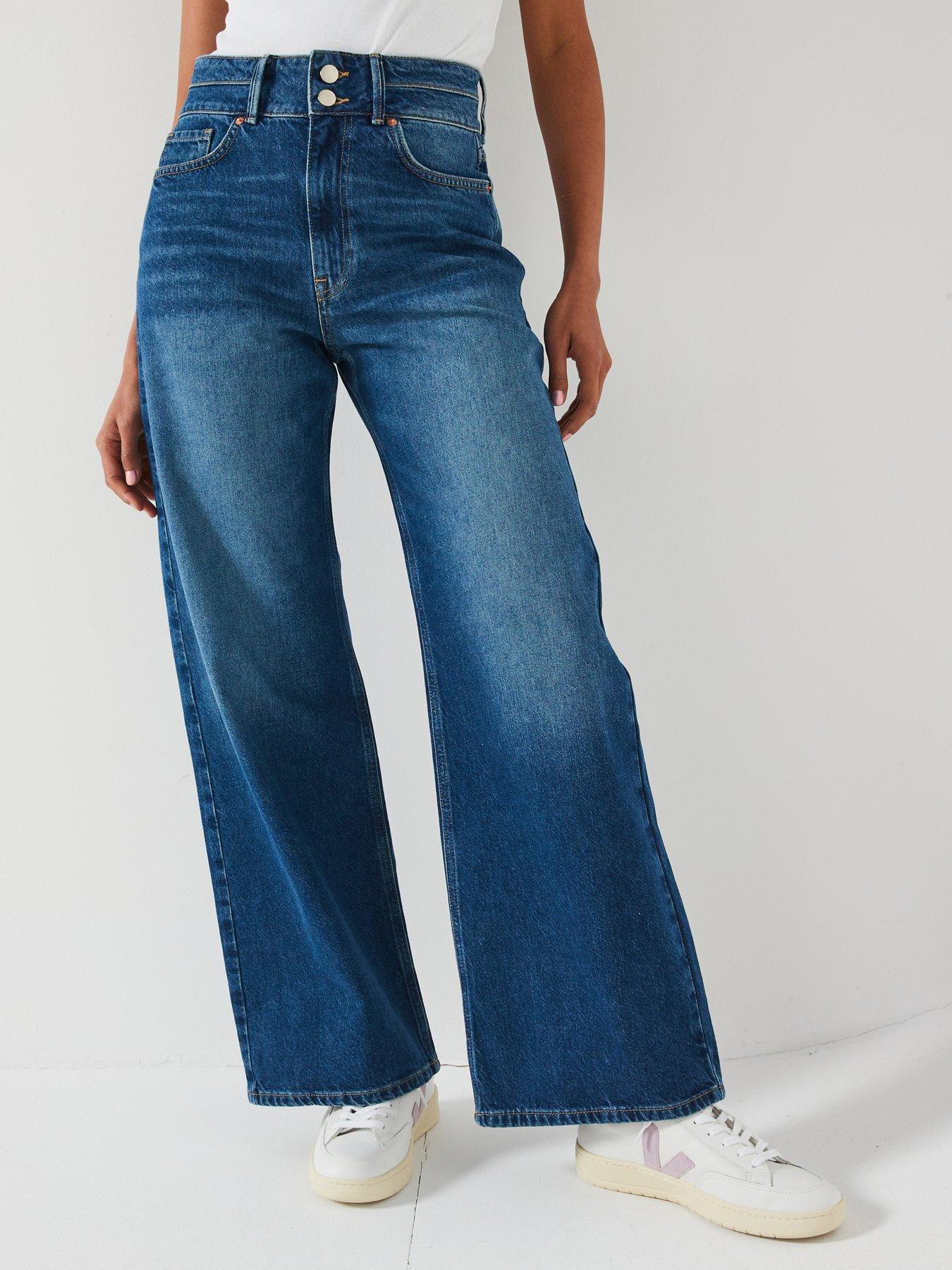 V by Very Double Button Wide Leg Jeans - Dark Wash