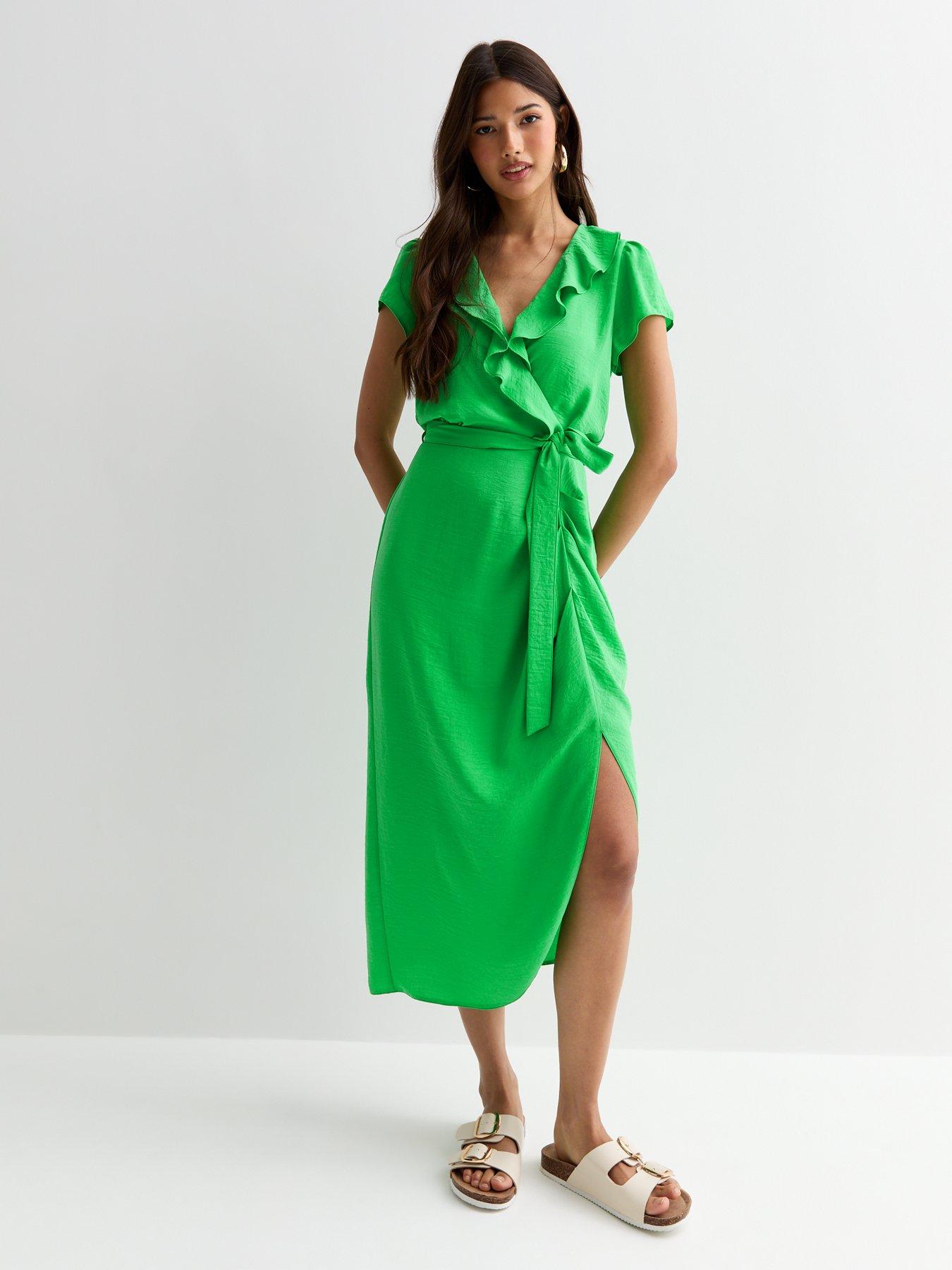 New Look Green Wrap-front Frill-trim Belted Midi Dress Very Ireland