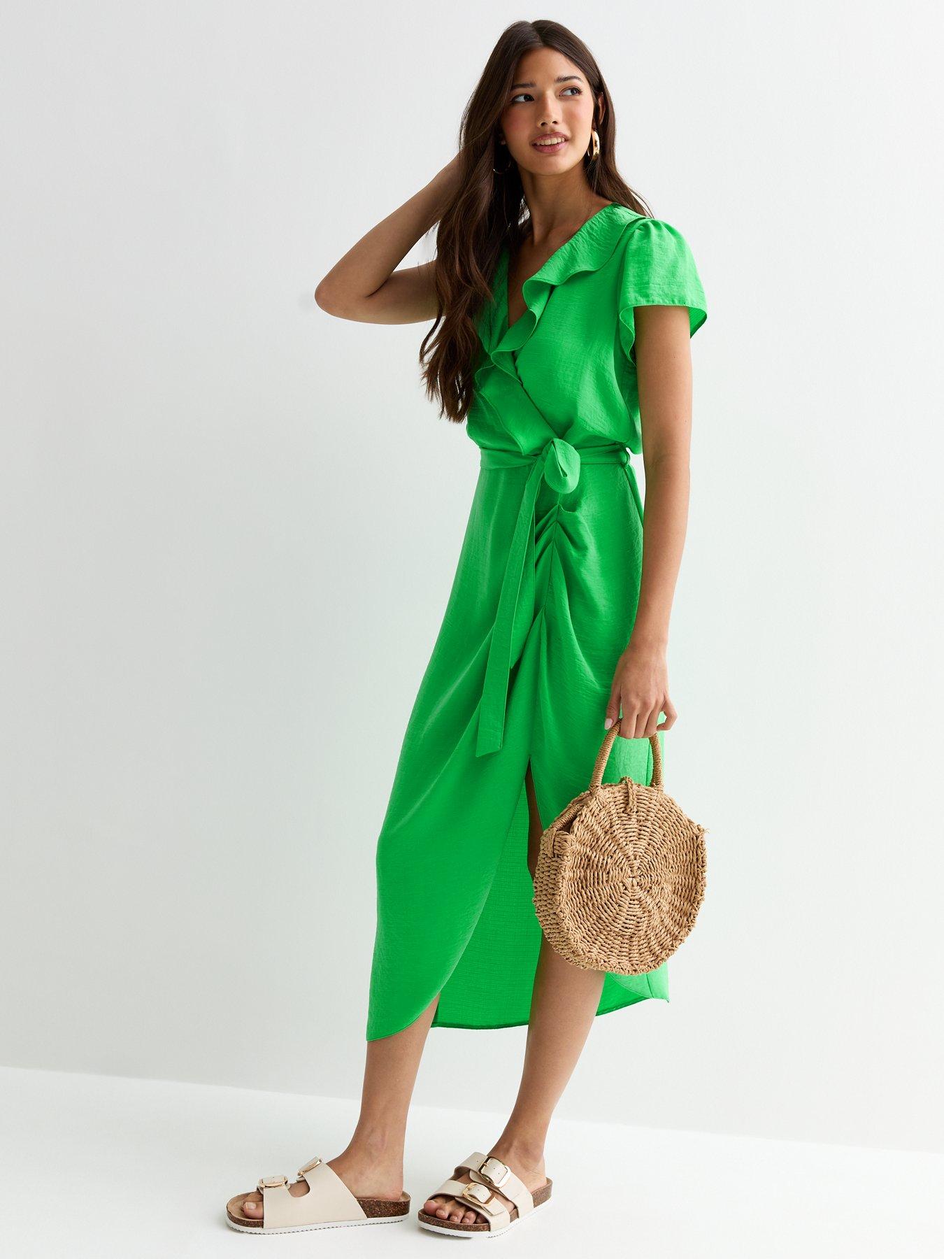 new-look-green-wrap-front-frill-trim-belted-midi-dressback