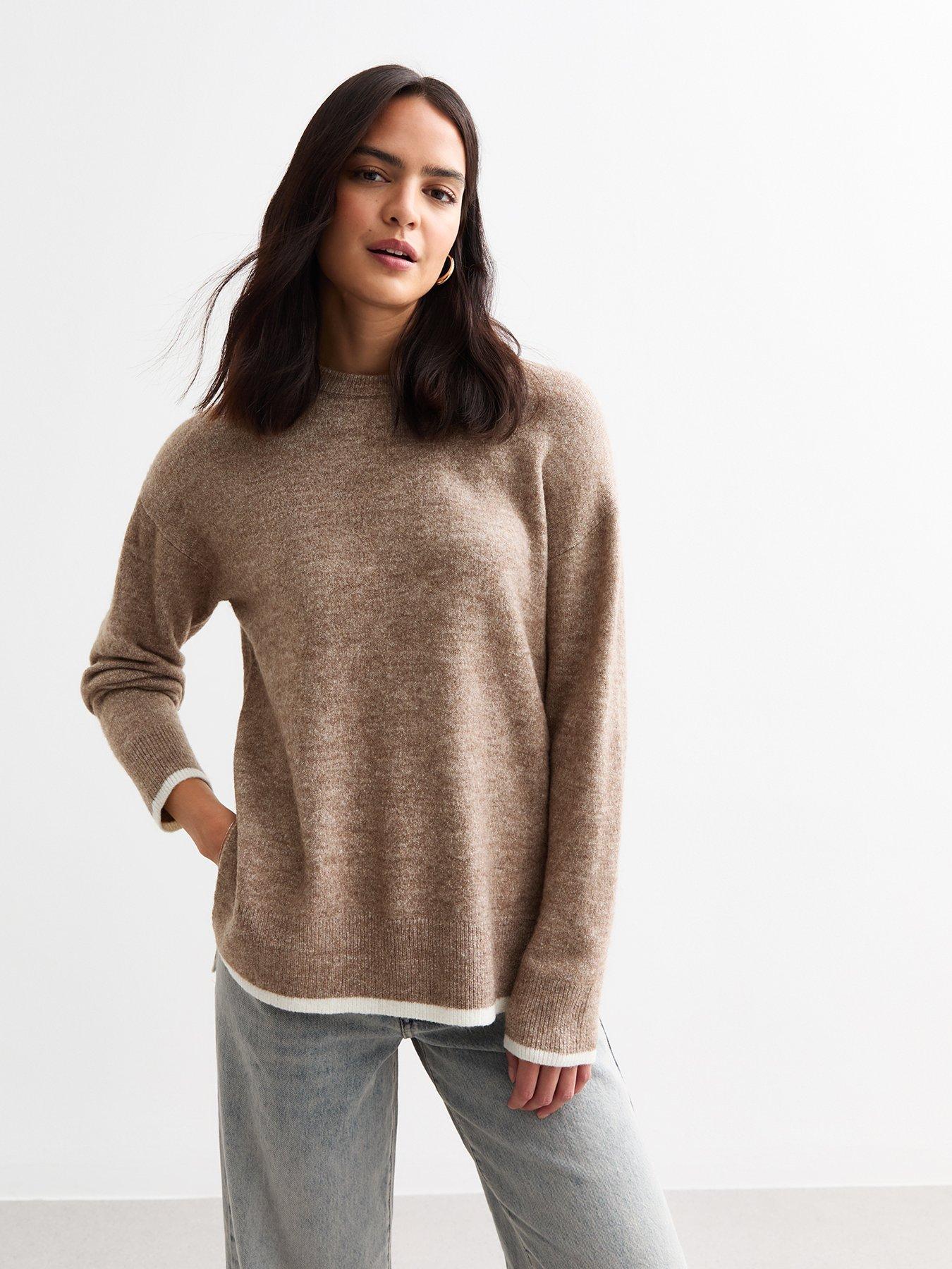 new-look-brown-contrast-trim-knit-crew-neck-jumper