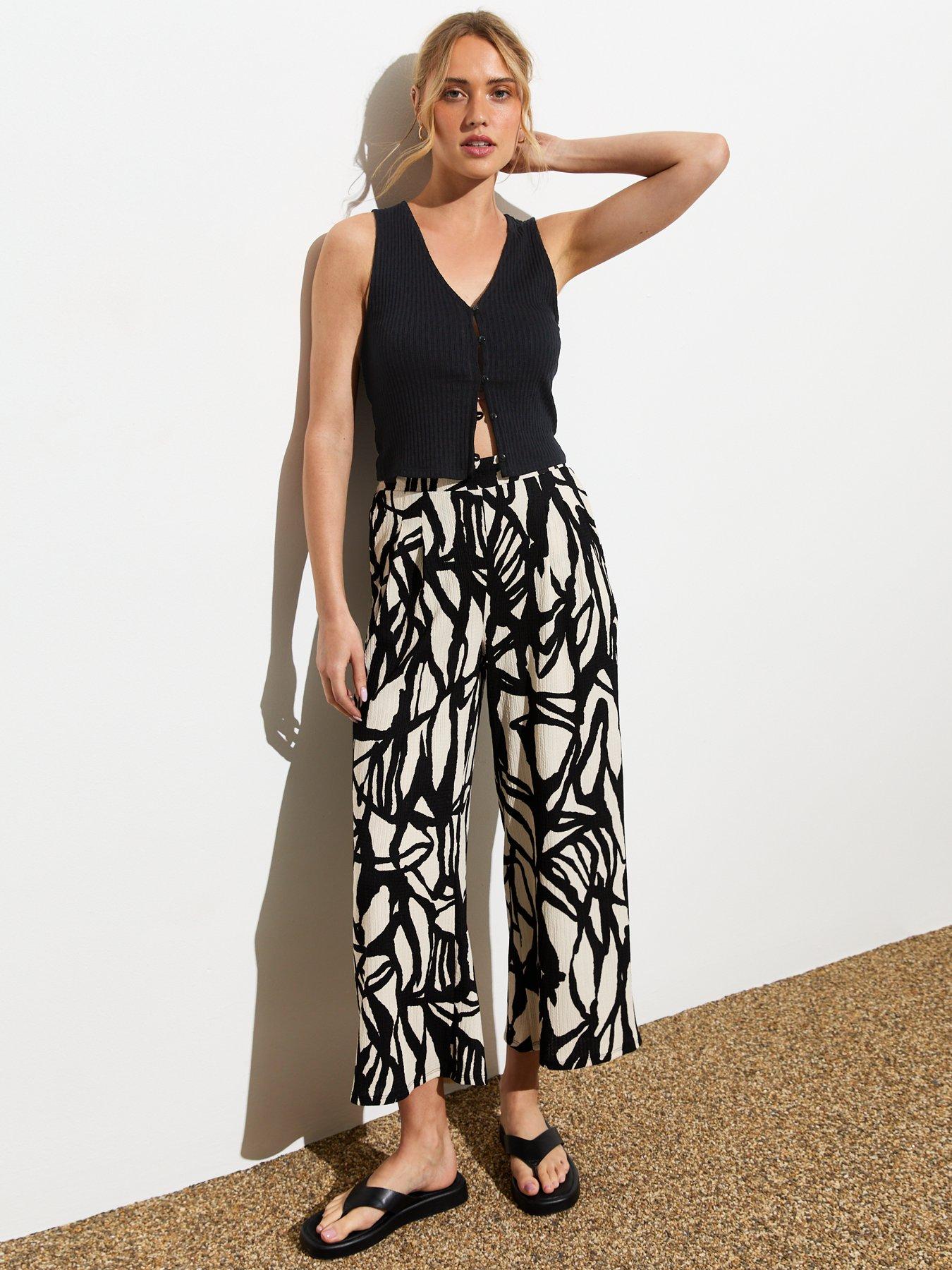 new-look-black-textured-abstract-print-wide-leg-crop-trousers