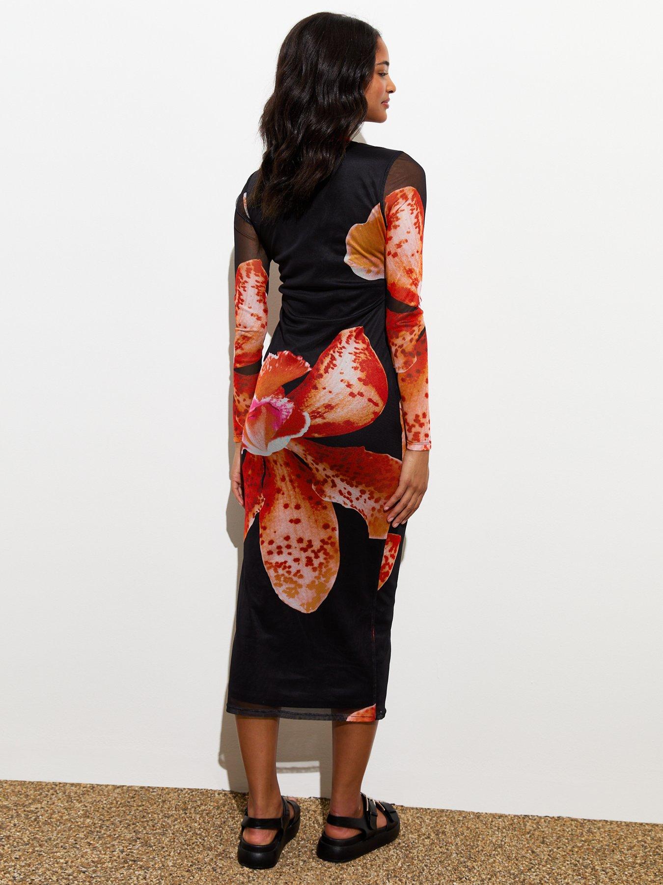 new-look-black-orchid-print-mesh-long-sleeved-midi-dressstillFront