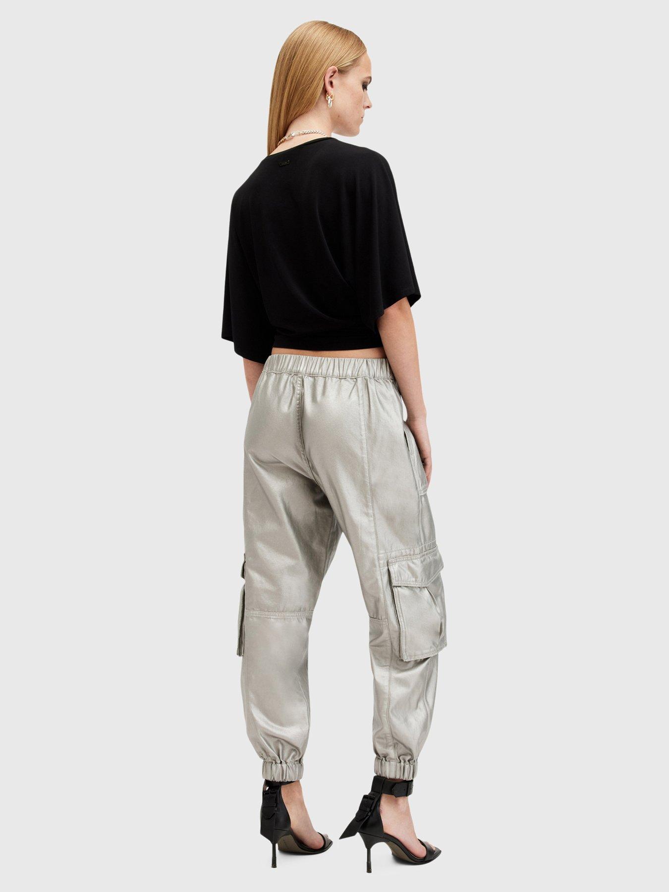 allsaints-freda-metallic-coated-cargo-trousers-silversage-greenstillFront