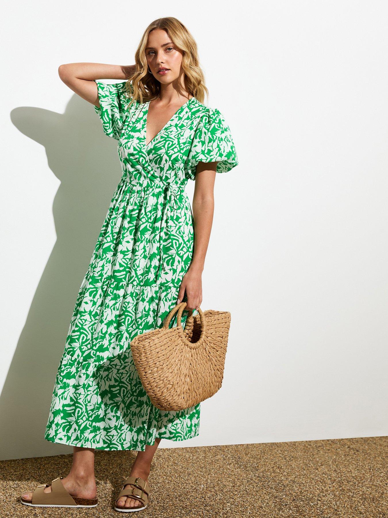 new-look-green-abstract-print-puff-sleeve-wrap-midi-dress