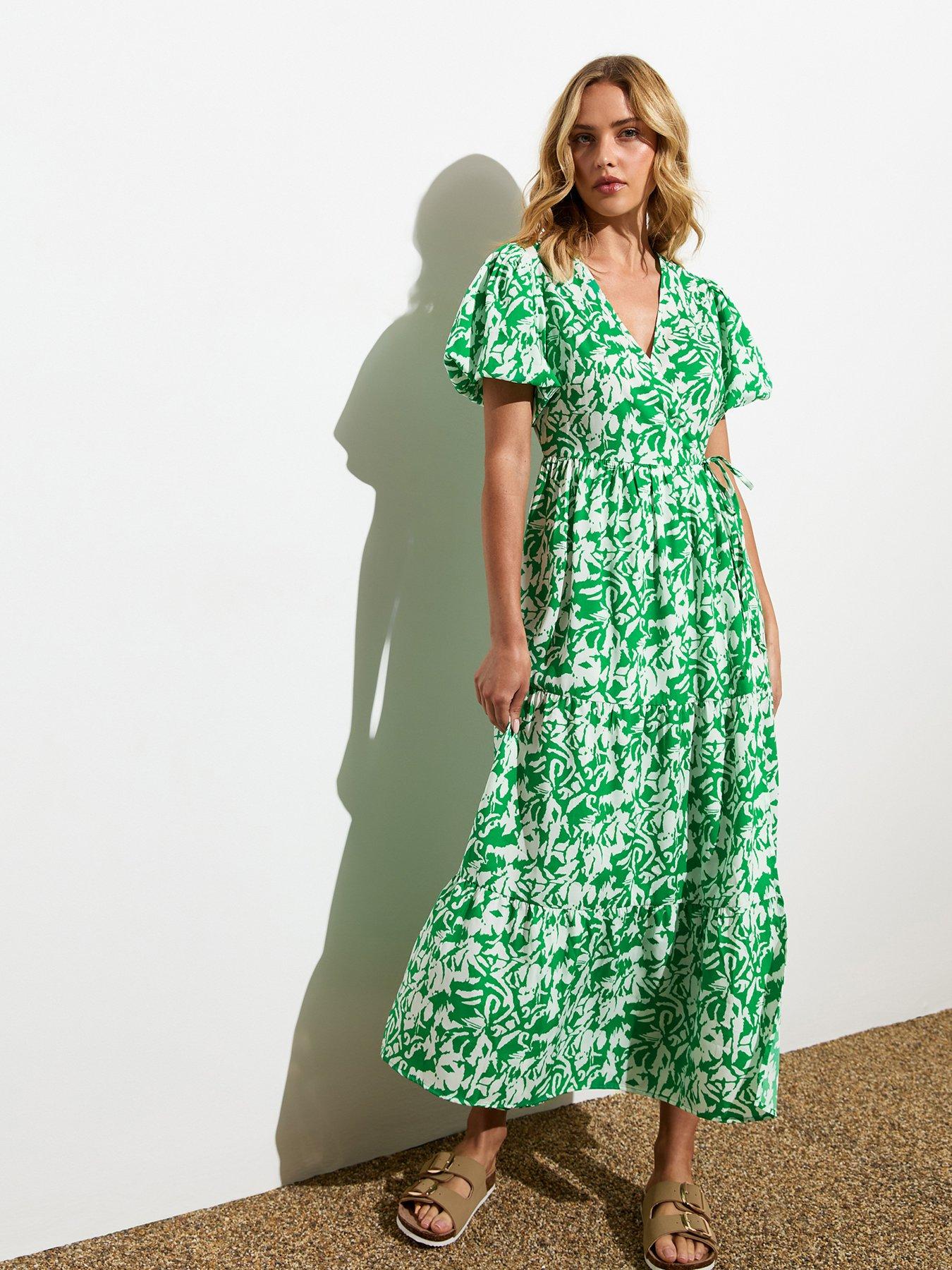 new-look-green-abstract-print-puff-sleeve-wrap-midi-dressback