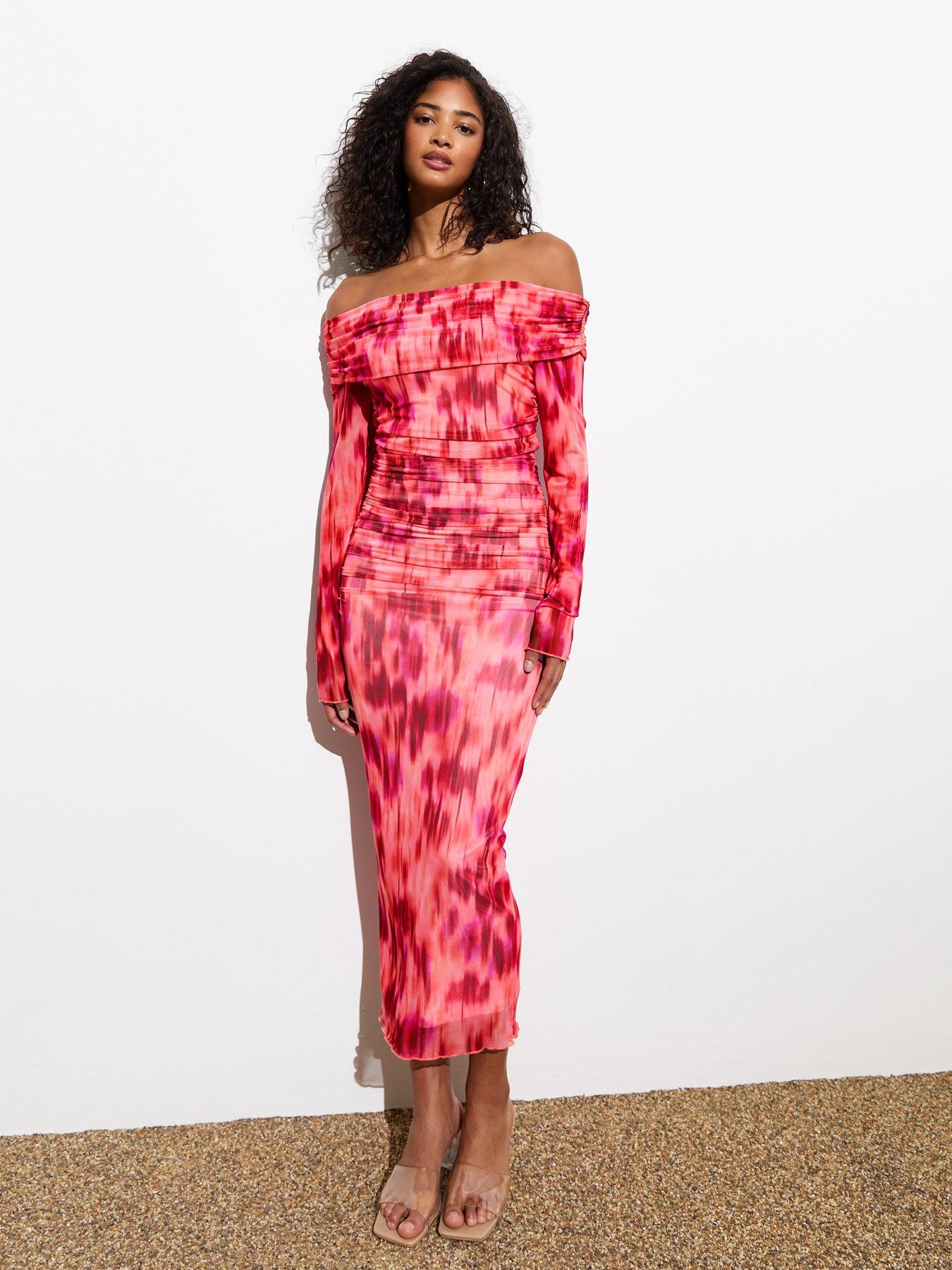 new-look-pink-abstract-print-bardot-neck-midi-dress