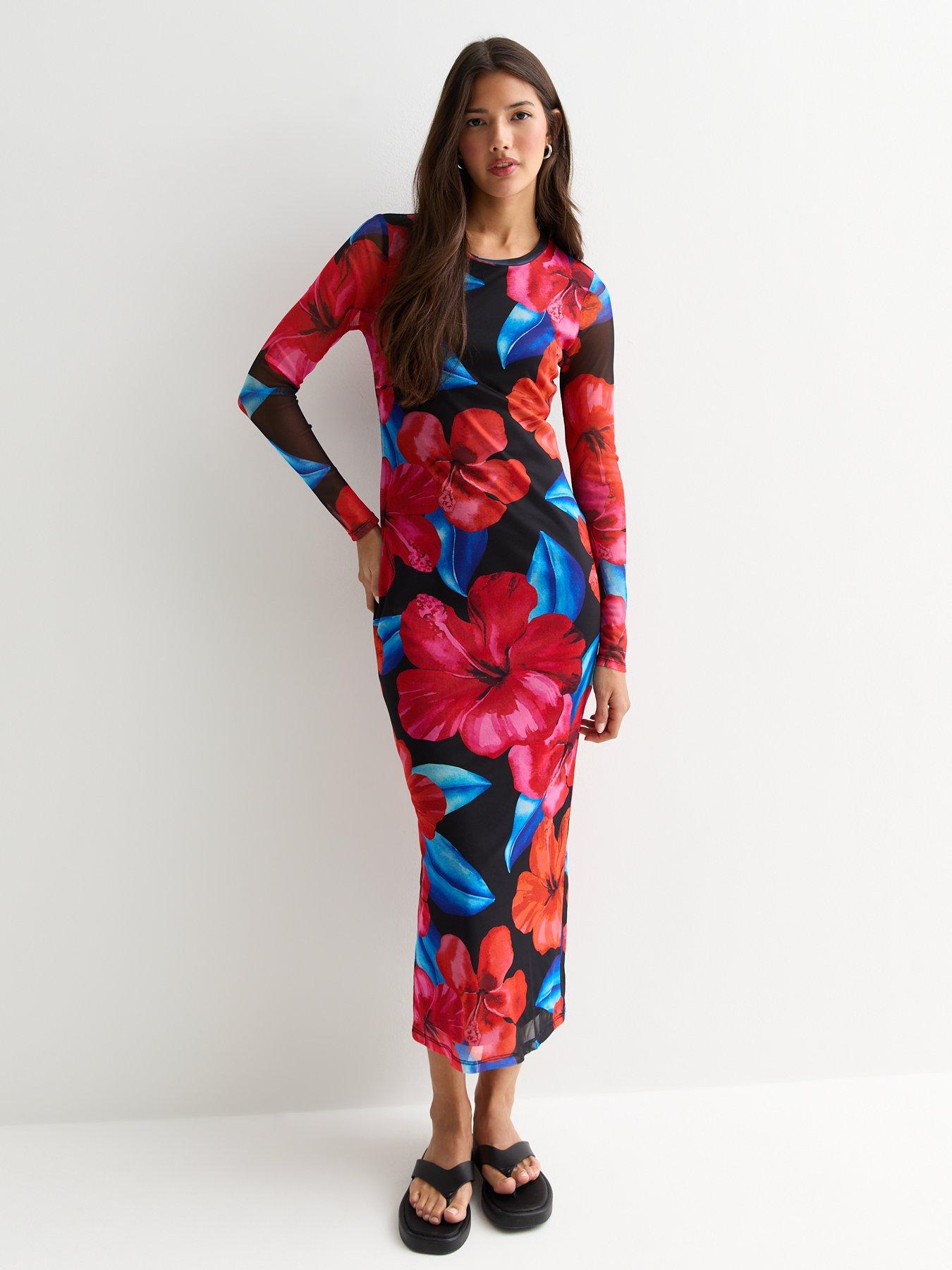 new-look-black-hibiscus-print-mesh-long-sleeved-midi-dress