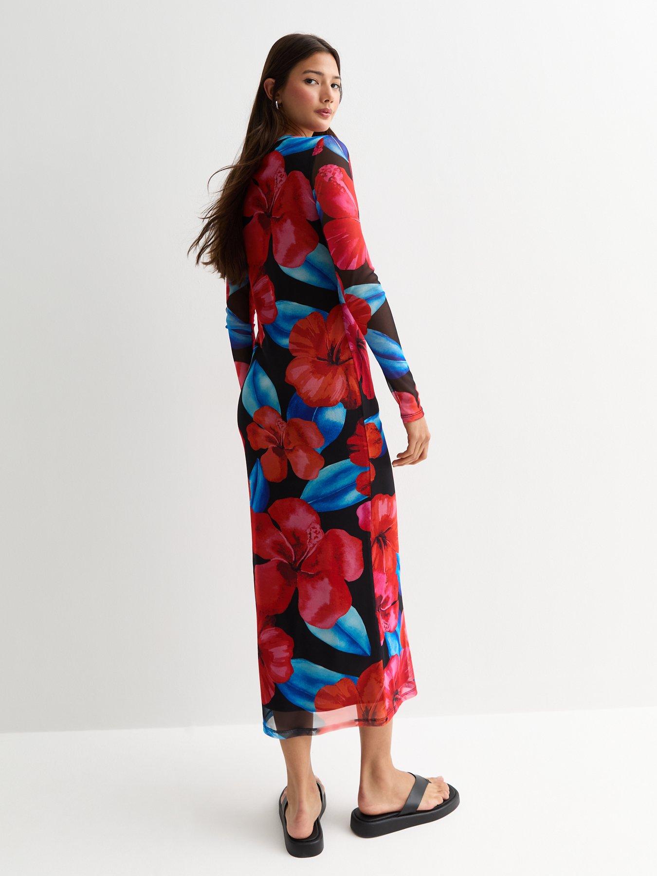 new-look-black-hibiscus-print-mesh-long-sleeved-midi-dressstillFront