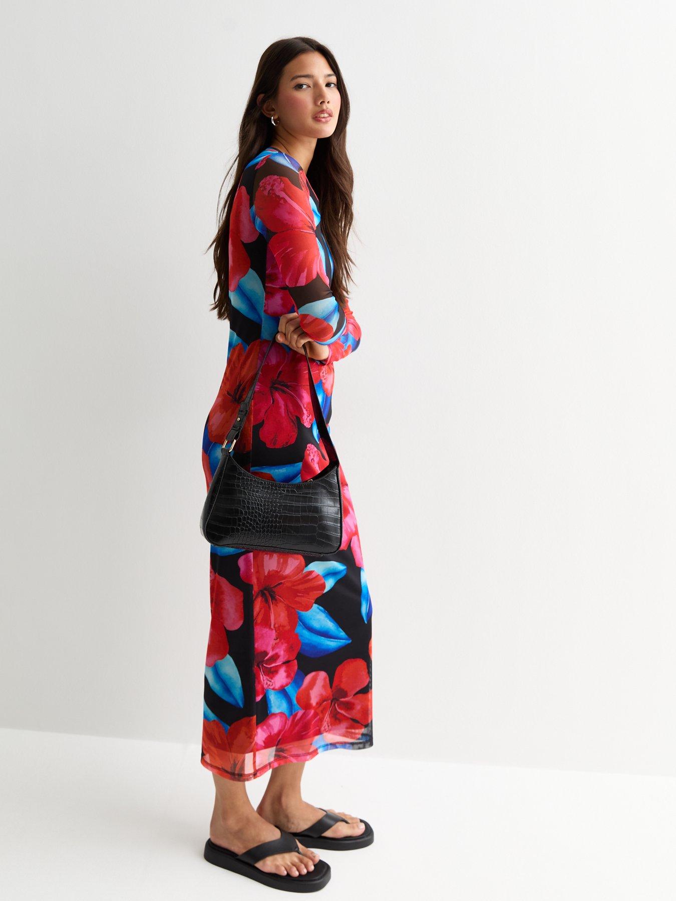 new-look-black-hibiscus-print-mesh-long-sleeved-midi-dressback