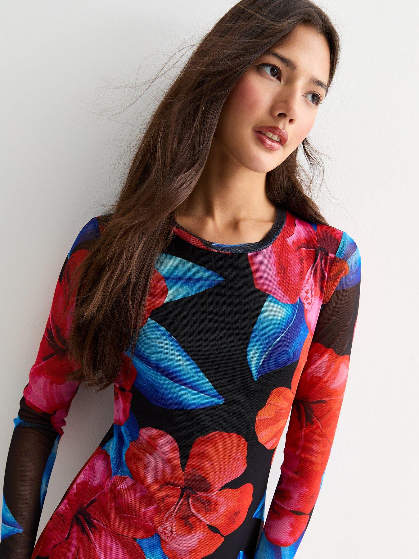 new-look-black-hibiscus-print-mesh-long-sleeved-midi-dressoutfit