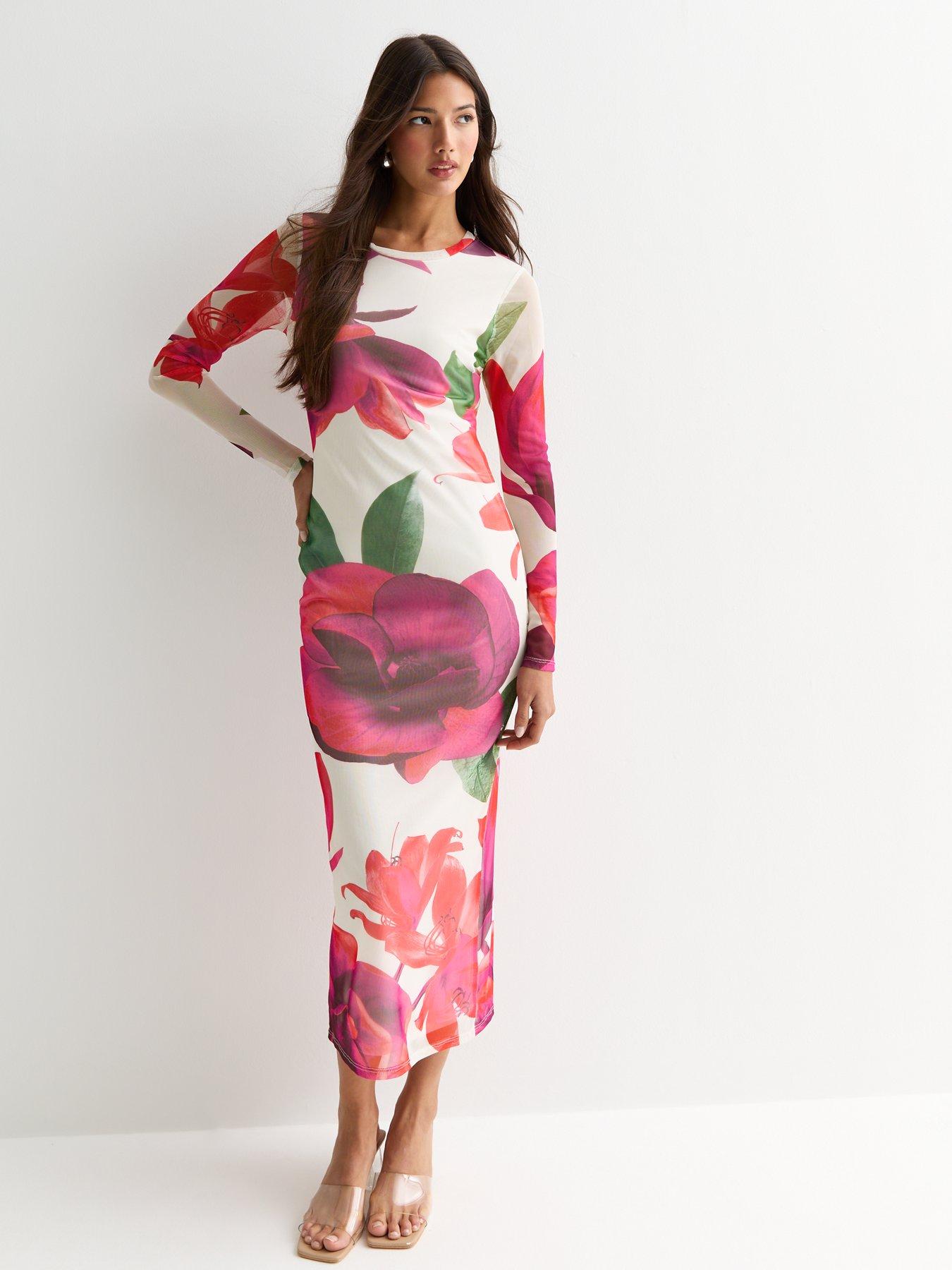 new-look-off-white-fuschia-print-mesh-long-sleeved-midi-dressfront