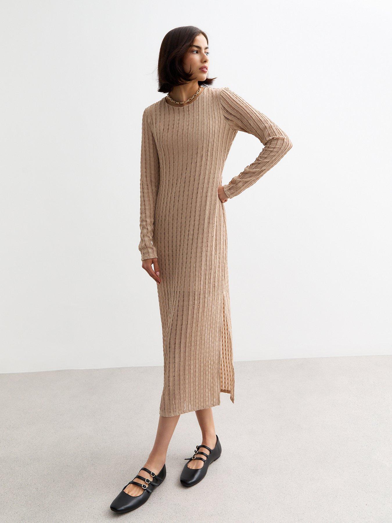 new-look-stone-textured-long-sleeve-midi-dress