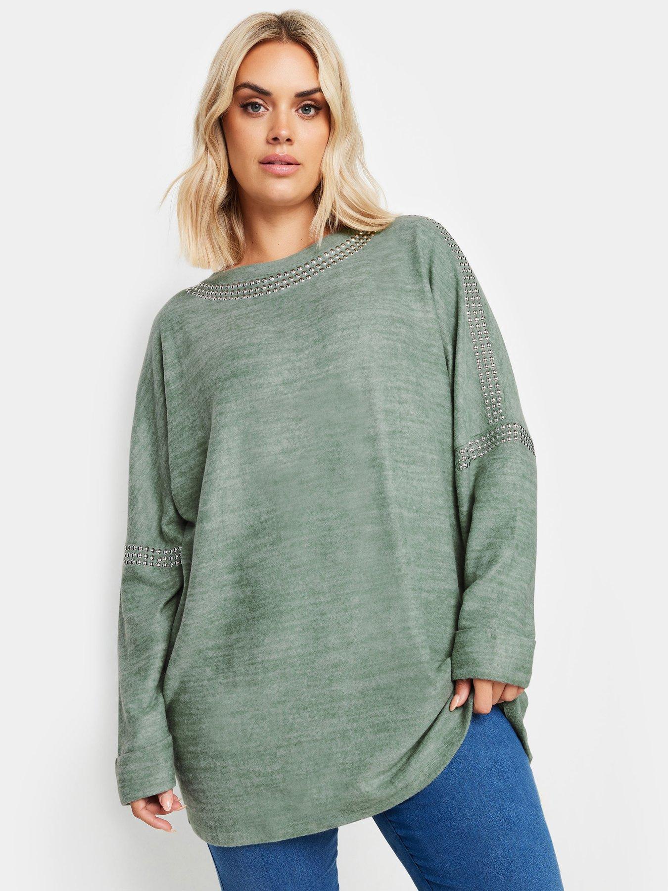 Image 1 of 4 of Yours Curve Soft Touch Stud Batwing Sleeve Jumper - Green