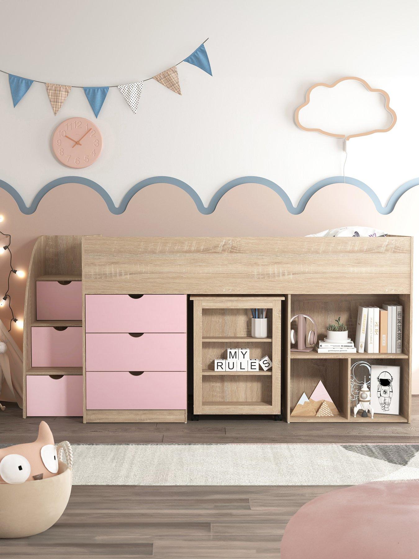 Image of Very Home Mico Mid Sleeper Bed with Pull-Out Desk, Storage and Mattress Options (Buy  &  SAVE!) - Light Pink/Oak Effect