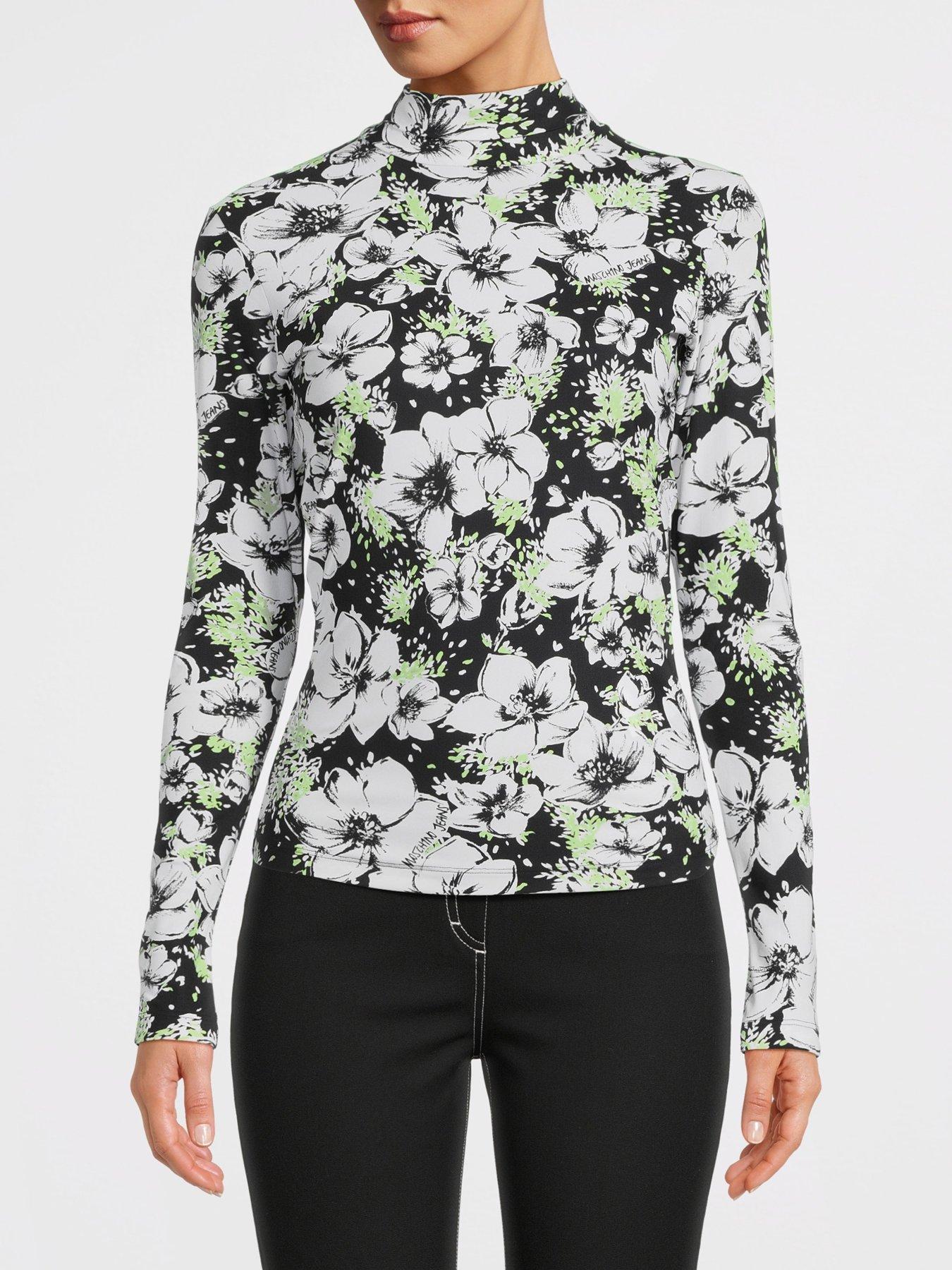undefined Floral Print Roll Neck Long Sleeve Jersey Top - Black