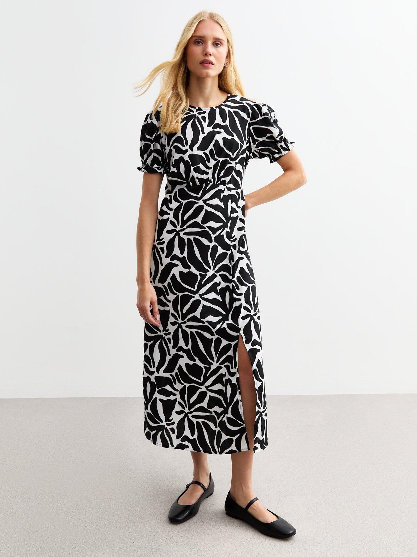 new-look-monochrome-puff-sleeve-midi-dress-print