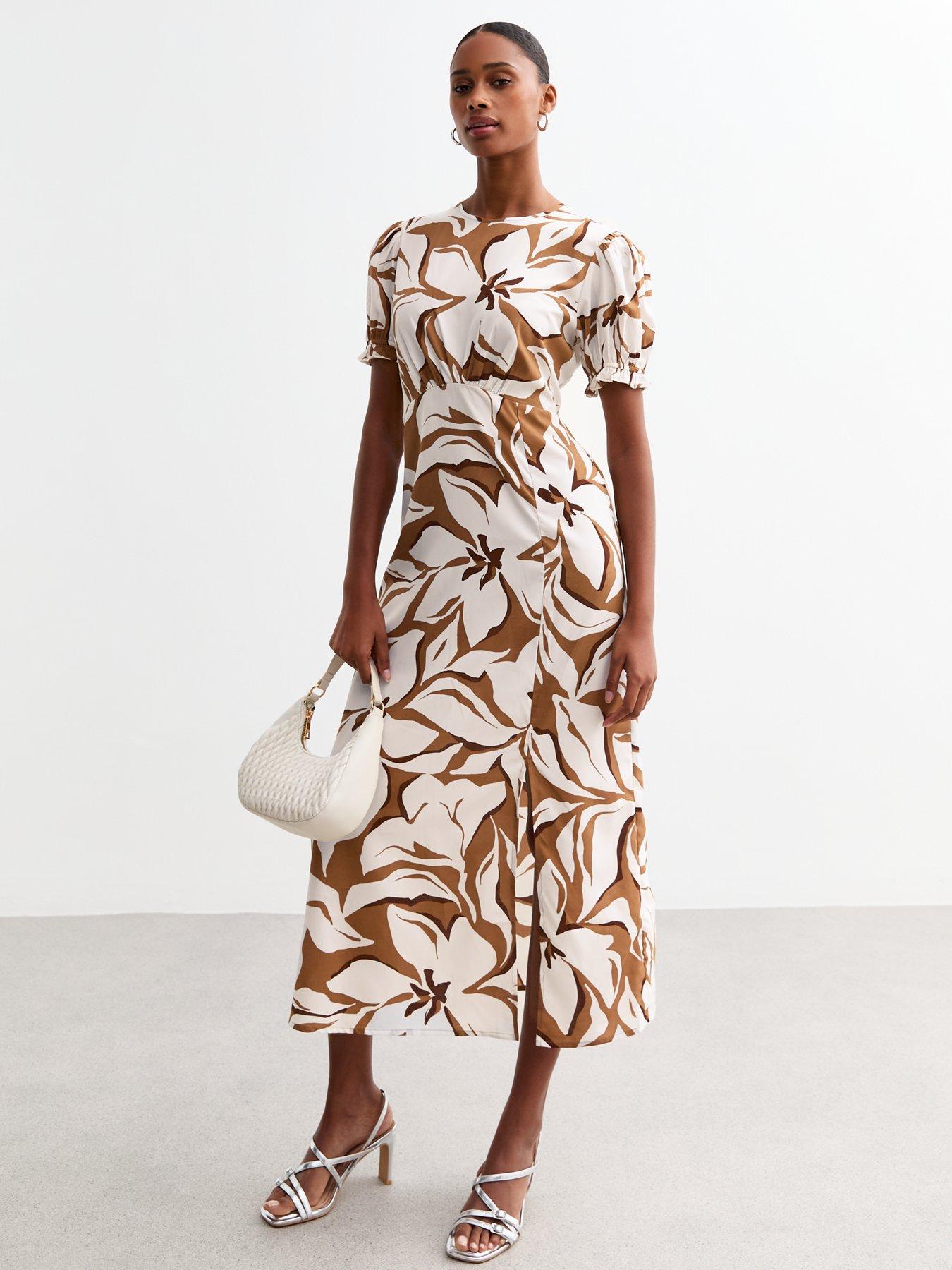 new-look-brown-floral-print-short-sleeved-midi-dress