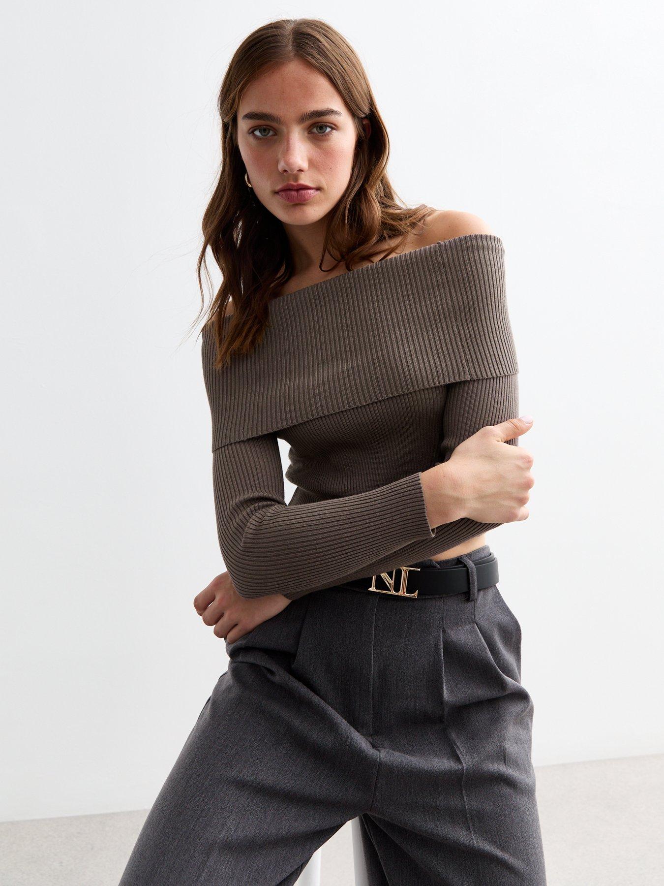 new-look-rib-knit-foldover-bardot-jumper-brown