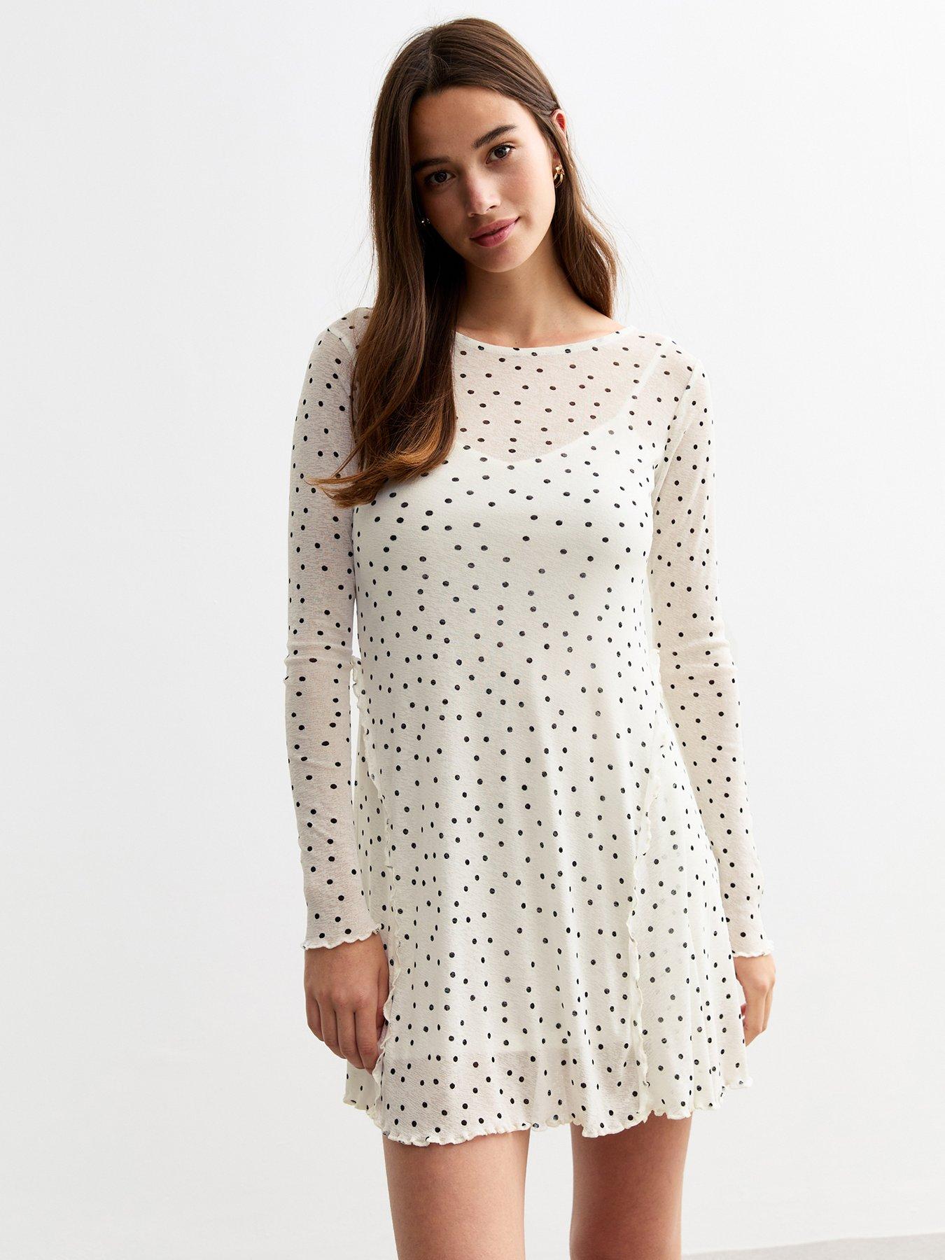 new-look-off-white-polka-dot-mesh-mini-dress