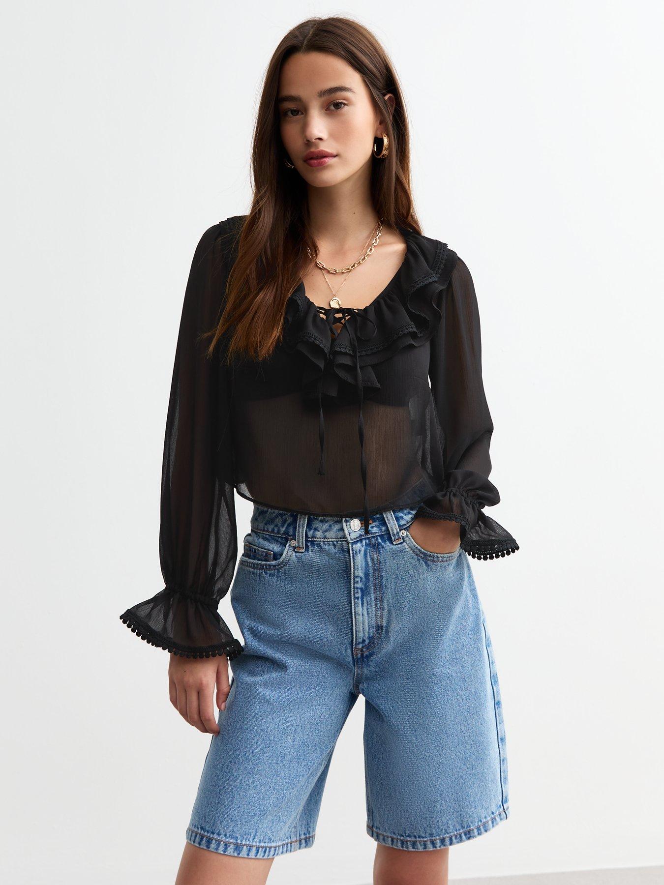 new-look-ruffle-trim-chiffon-blouse-black