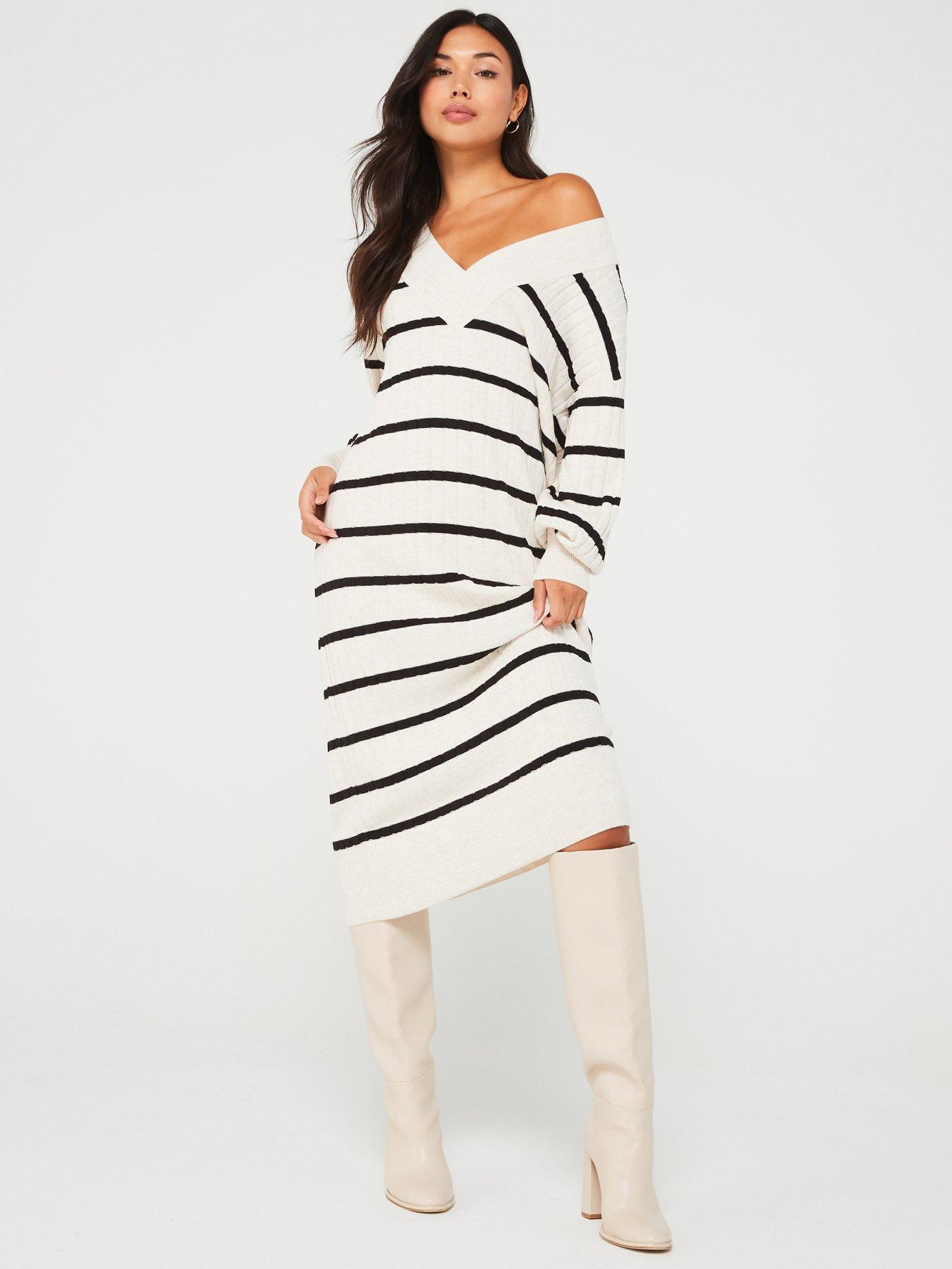 Image of Only V Neck Striped Knitted Midi Dress - Multi
