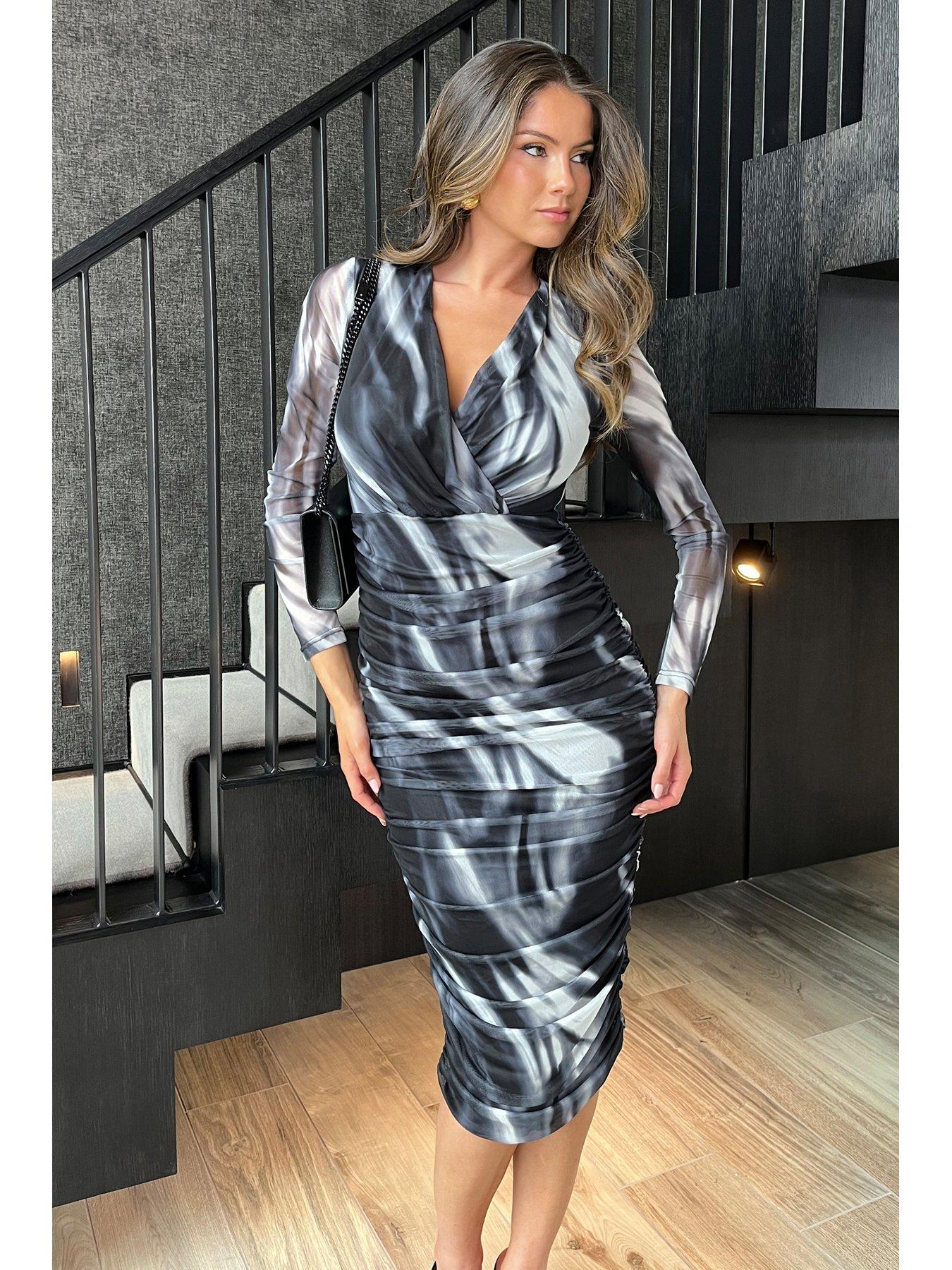 ax-paris-black-and-white-marble-print-wrap-long-sleeves-ruched-mesh-midi-dress-multiback