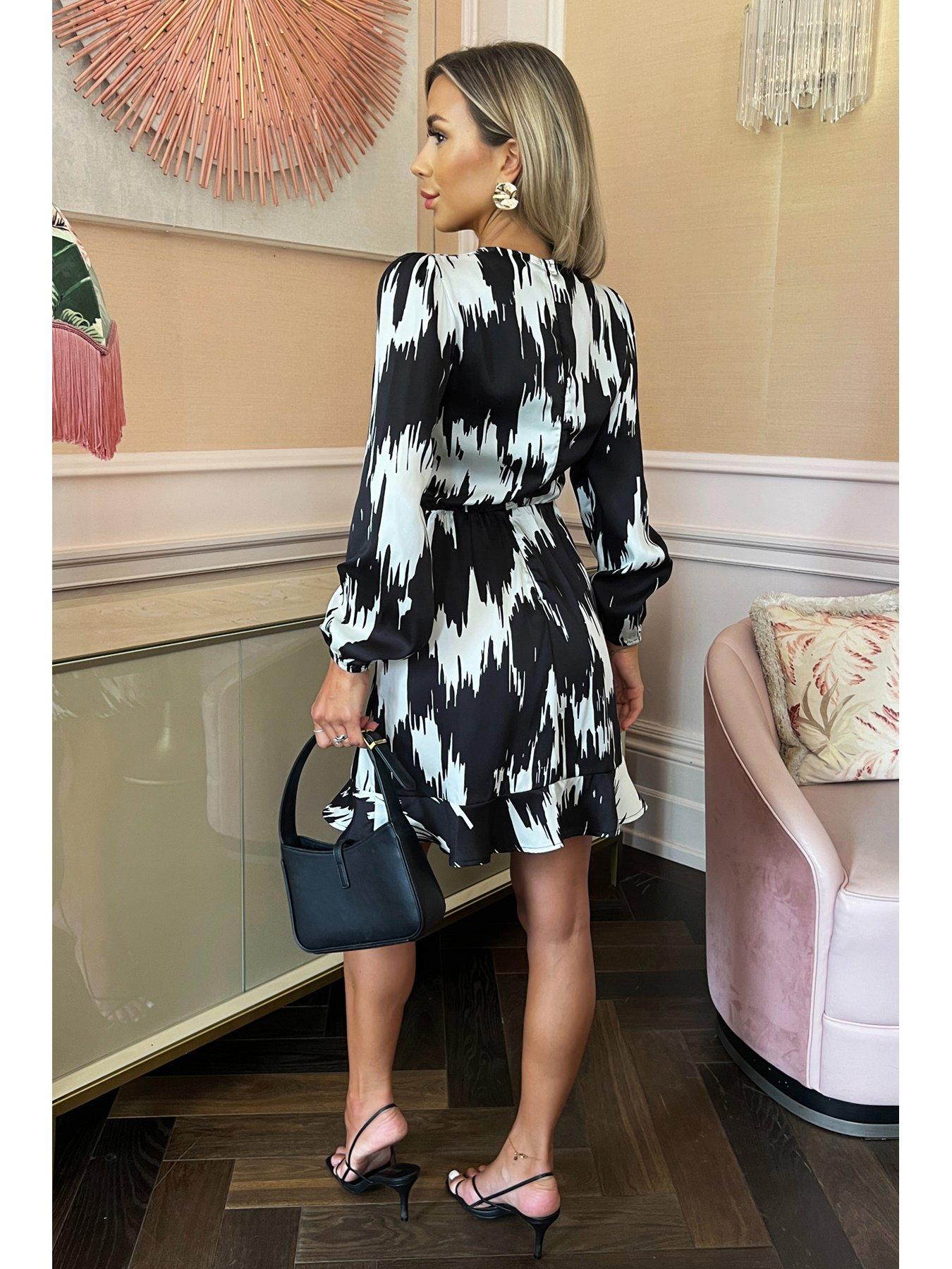 Image 2 of 3 of AX Paris Printed Long Sleeve Mini Dress - Black/White