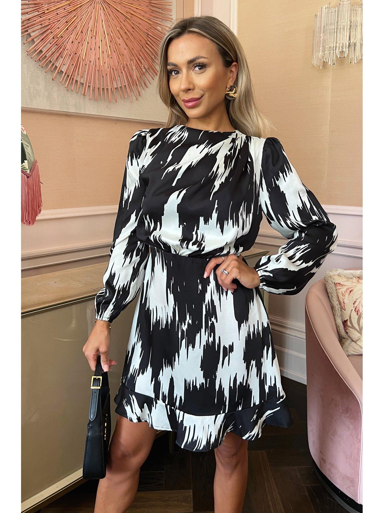 Image 3 of 3 of AX Paris Printed Long Sleeve Mini Dress - Black/White