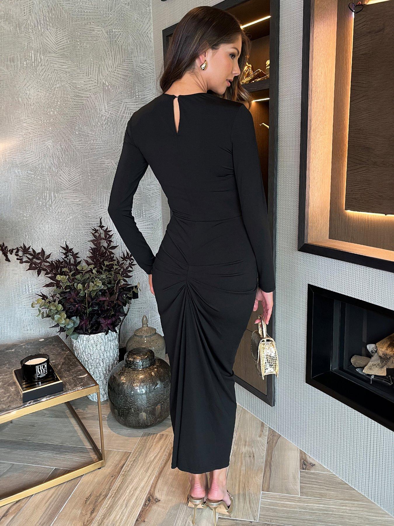 ax-paris-long-sleeve-bodycon-knot-skirt-midi-dress-blackstillFront