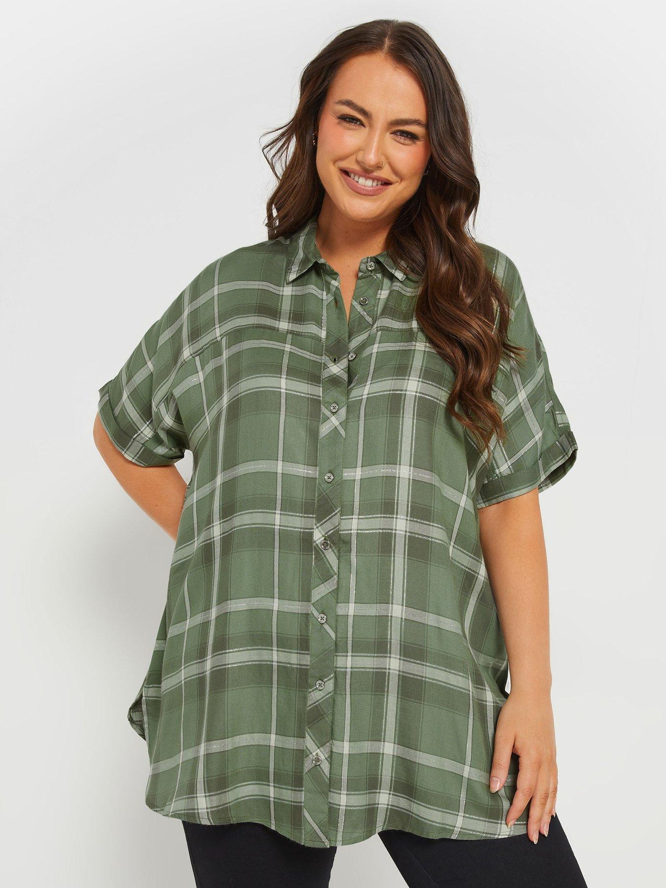 yours-curve-short-sleeve-check-shirt-green