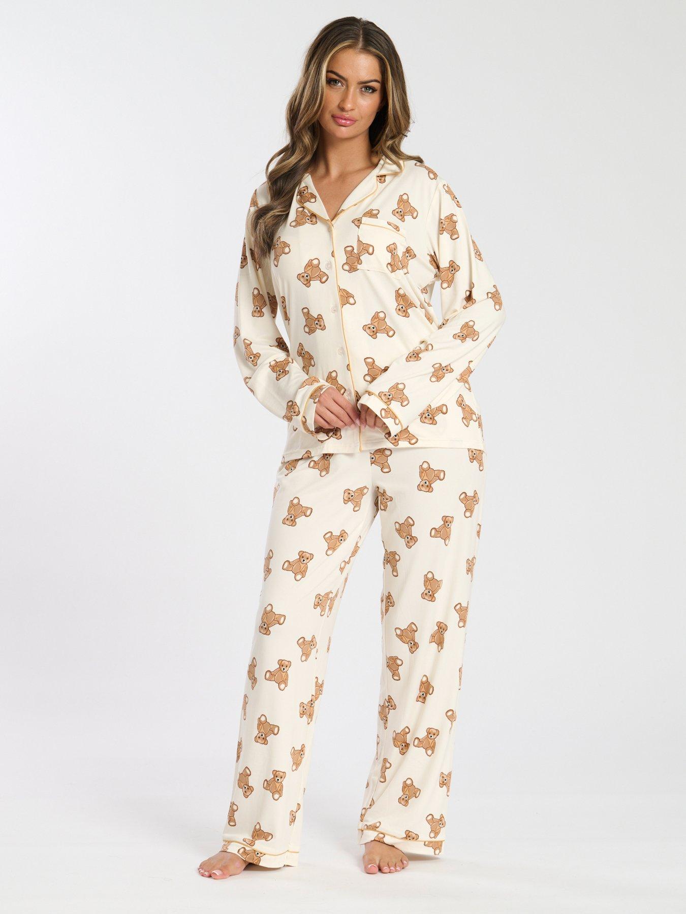 loungeable-loungeable-teddy-bear-button-shirt-amp-long-sleeve-pant-pj-set-multi-cream