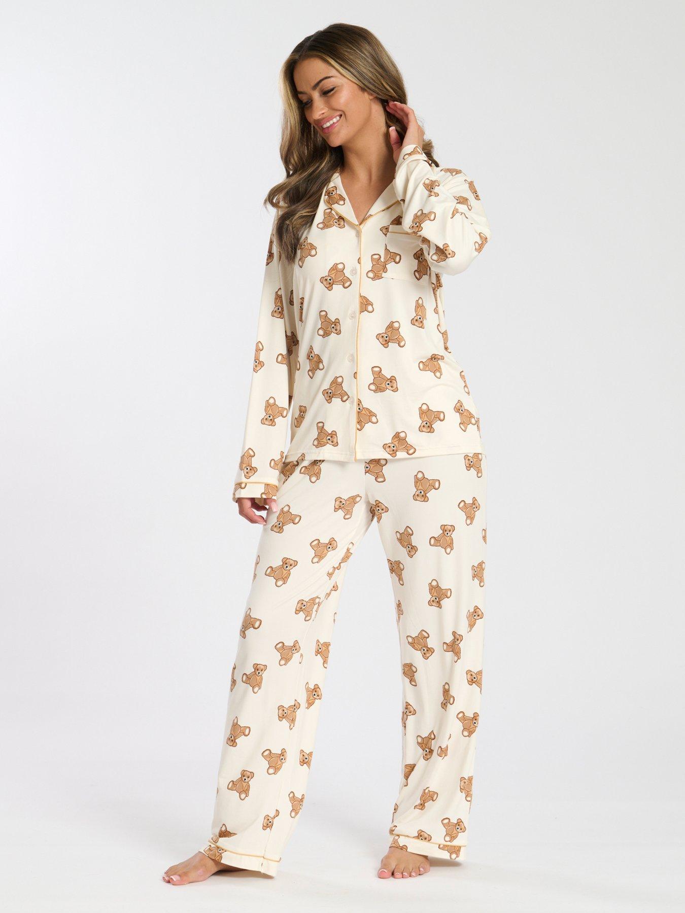 loungeable-loungeable-teddy-bear-button-shirt-amp-long-sleeve-pant-pj-set-multi-creamback