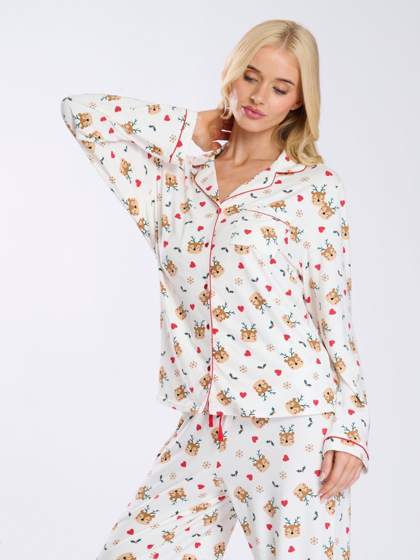 loungeable-loungeable-cute-reindeer-button-shirt-amp-long-pant-pj-set-multi-creamoutfit