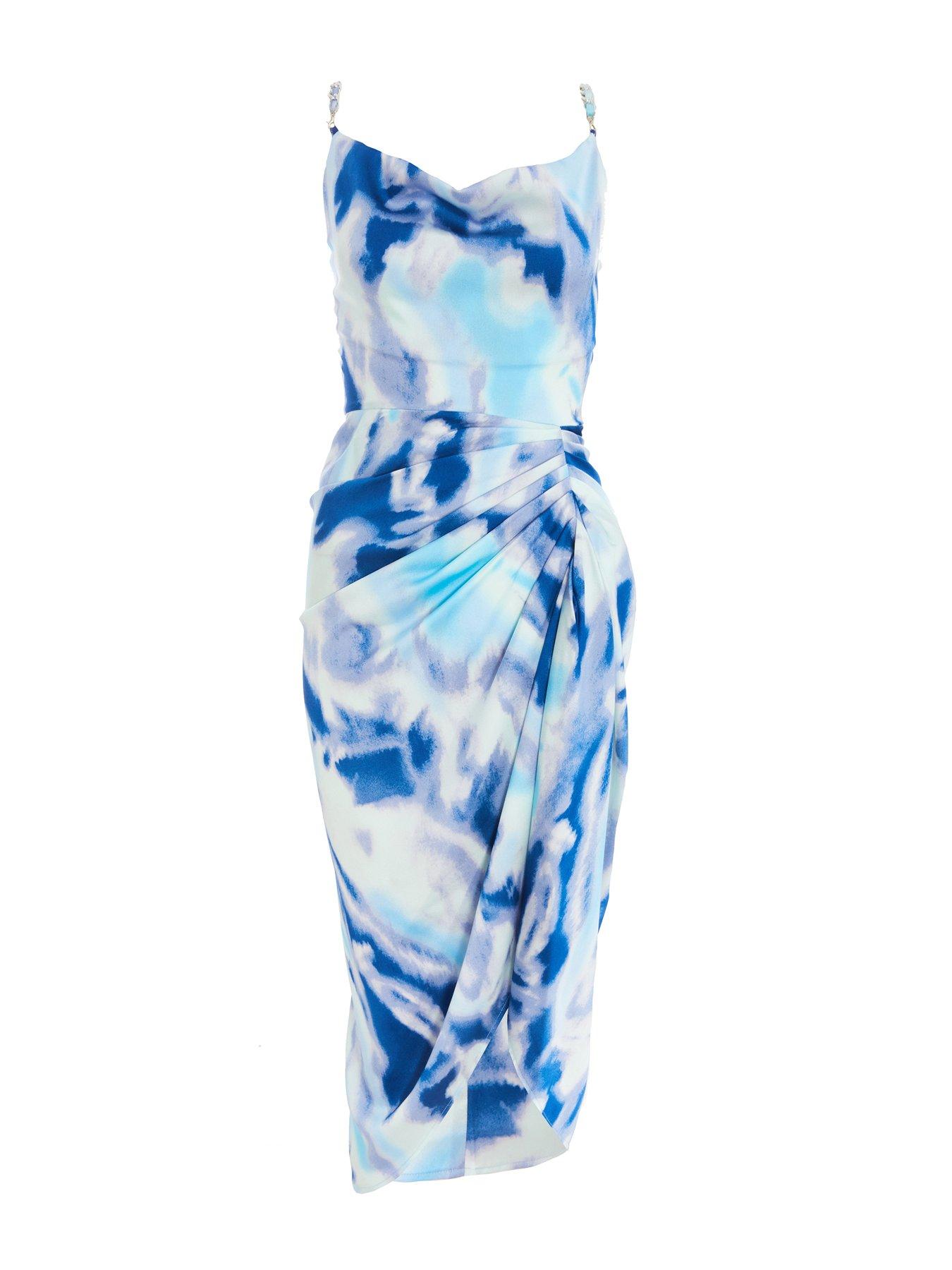 quiz-blue-satin-marble-print-ruched-midi-dressoutfit