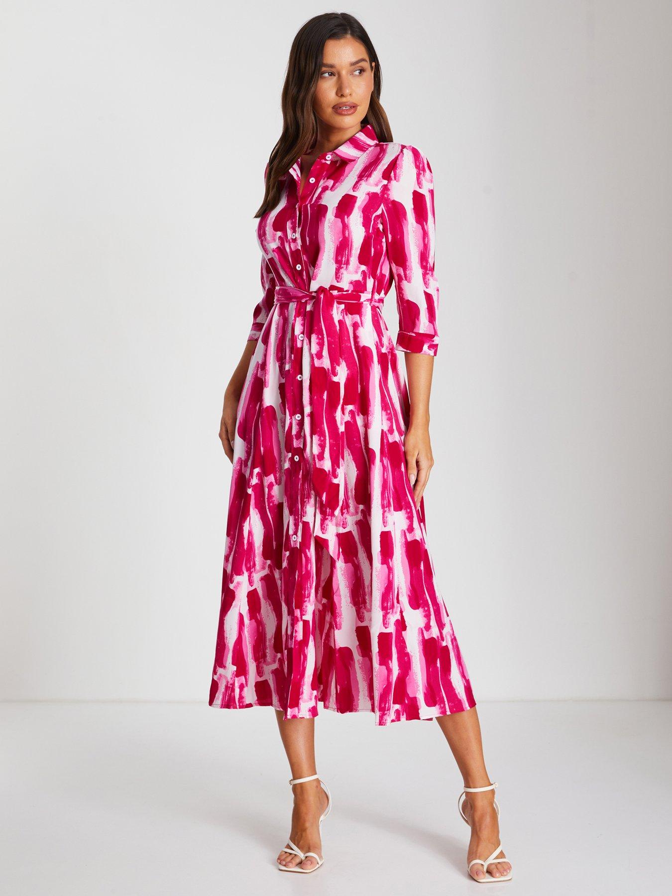 quiz-pink-brush-stroke-midi-shirt-dress