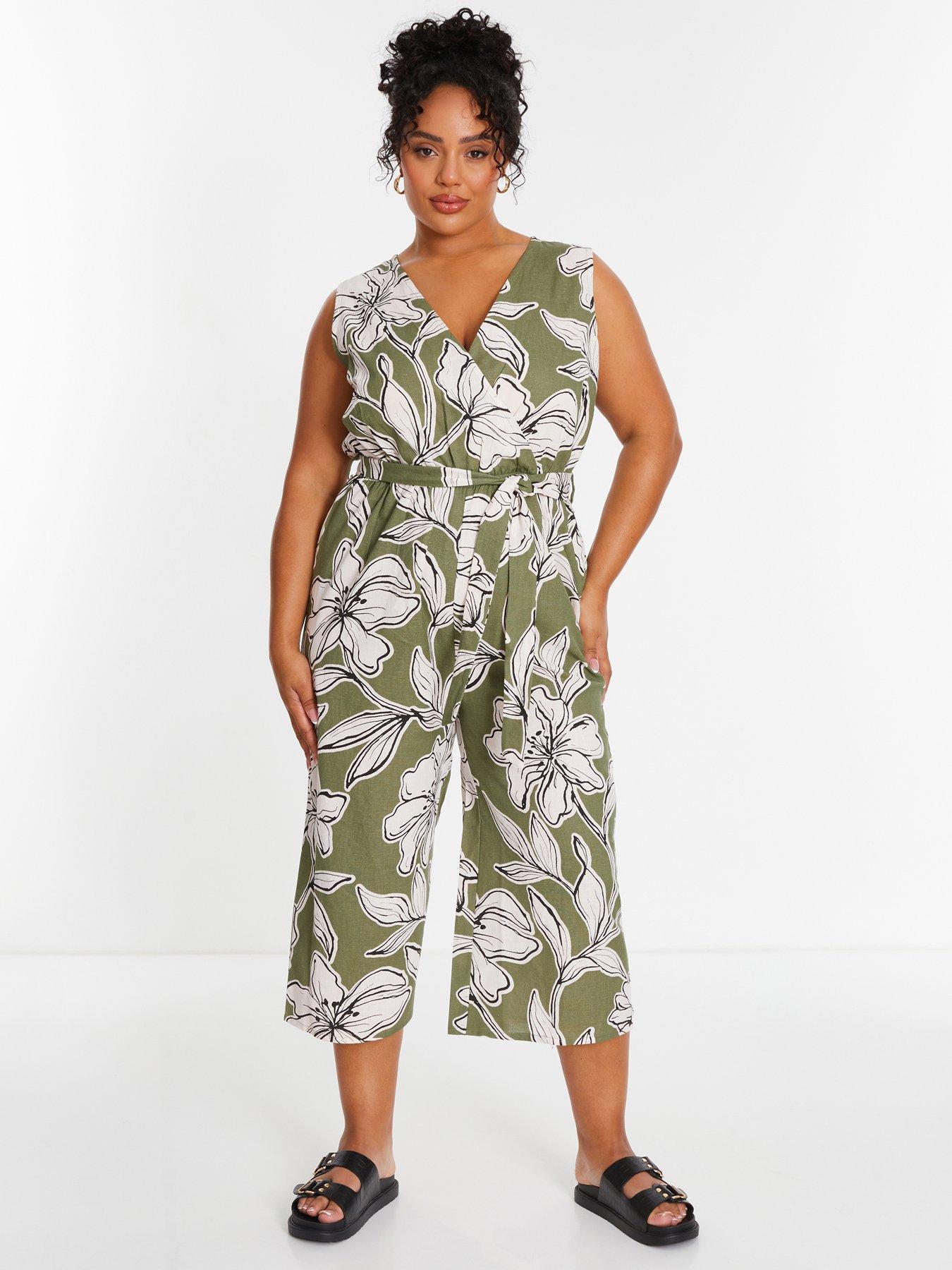 quiz-curve-khaki-tropical-print-wrap-jumpsuit