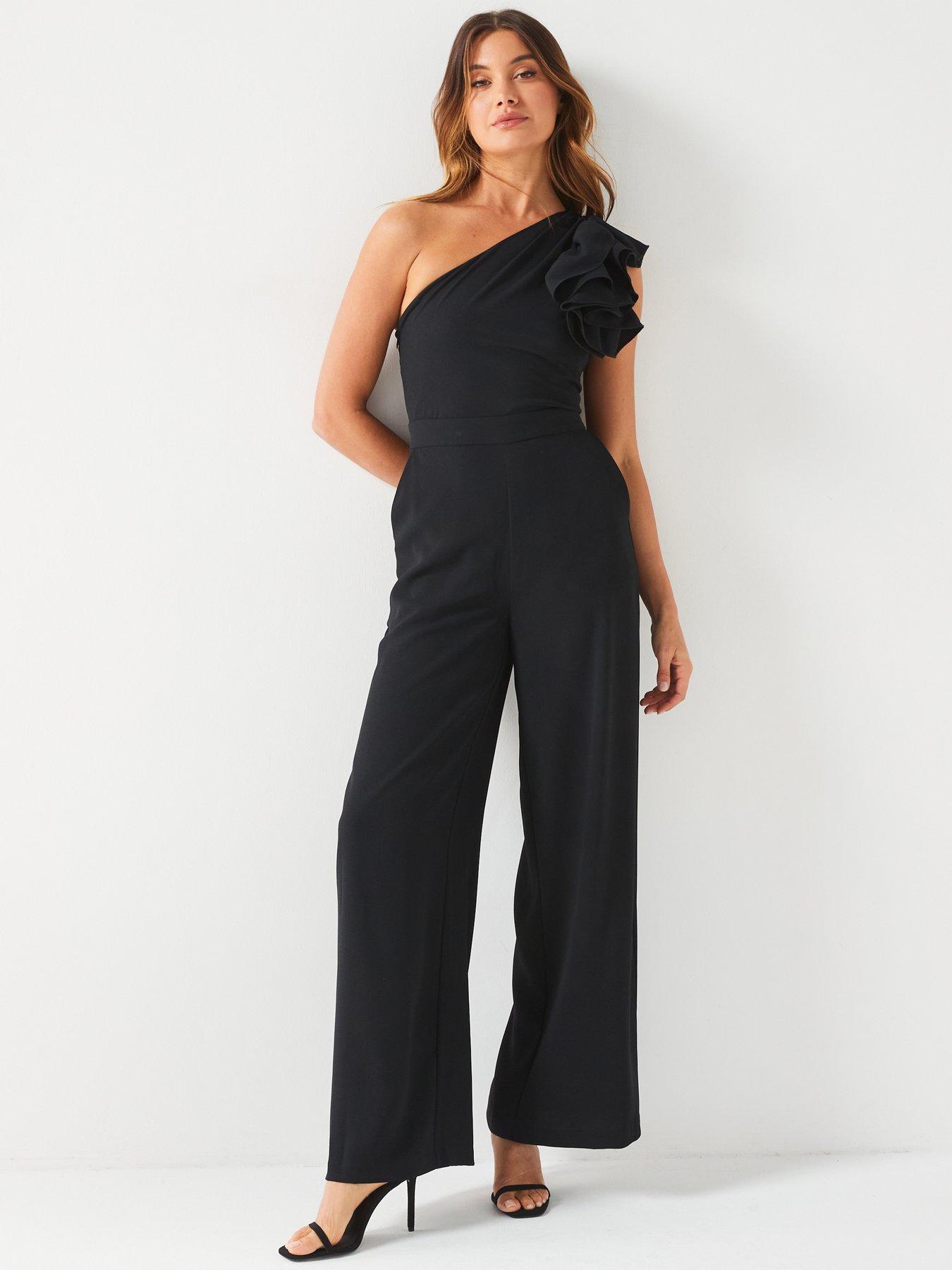 undefined One Shoulder Ruffle Jumpsuit - Black
