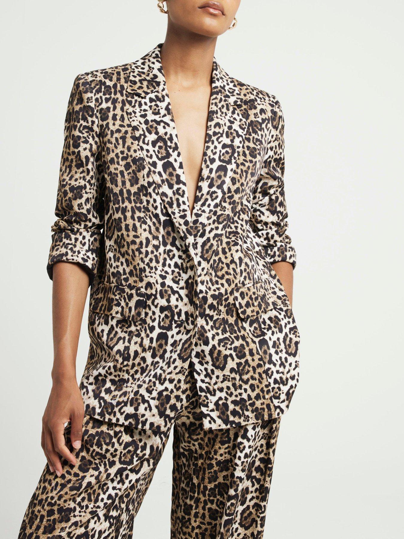 Image 4 of 6 of River Island Leopard Print Oversized Blazer - Light Brown
