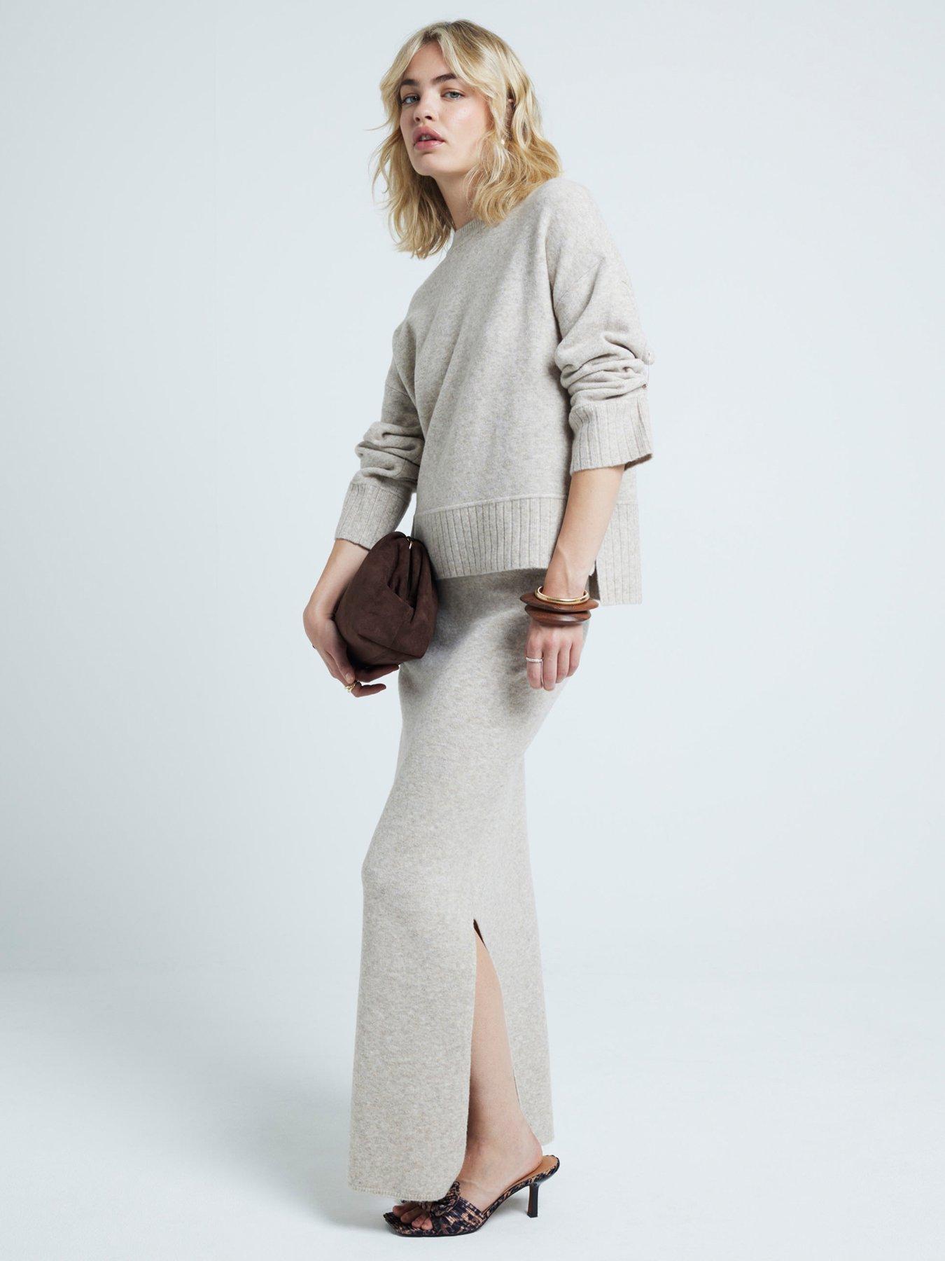 Image 1 of 4 of River Island Cosy Knit Maxi Skirt - Light Beige