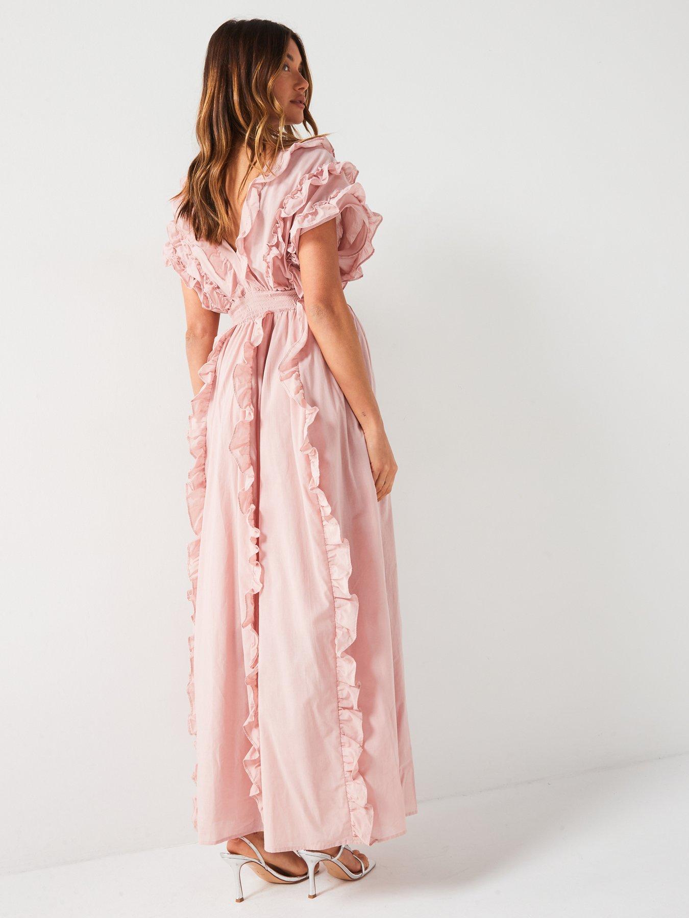 v-by-very-plunge-frill-midi-dress-pinkstillFront