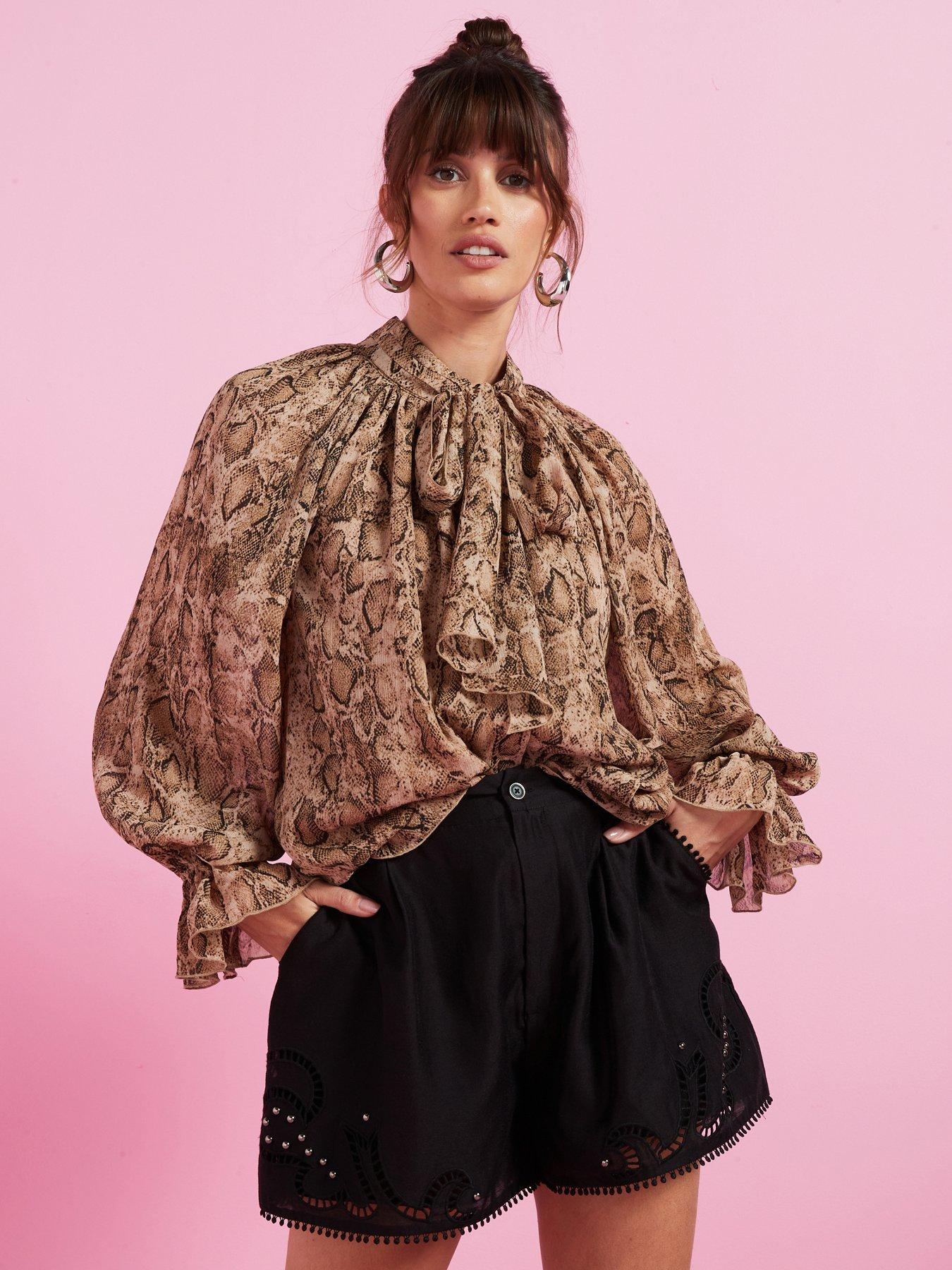 v-by-very-snake-printed-volume-sleeve-sheer-blouse-brown