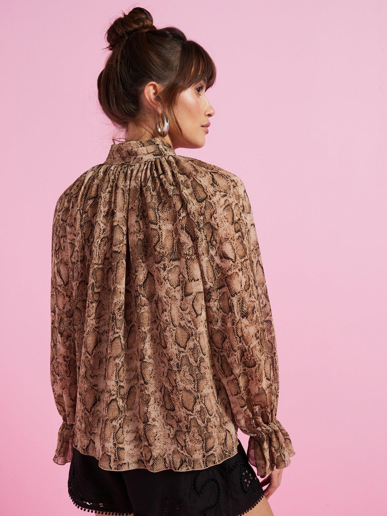 v-by-very-snake-printed-volume-sleeve-sheer-blouse-brownstillFront