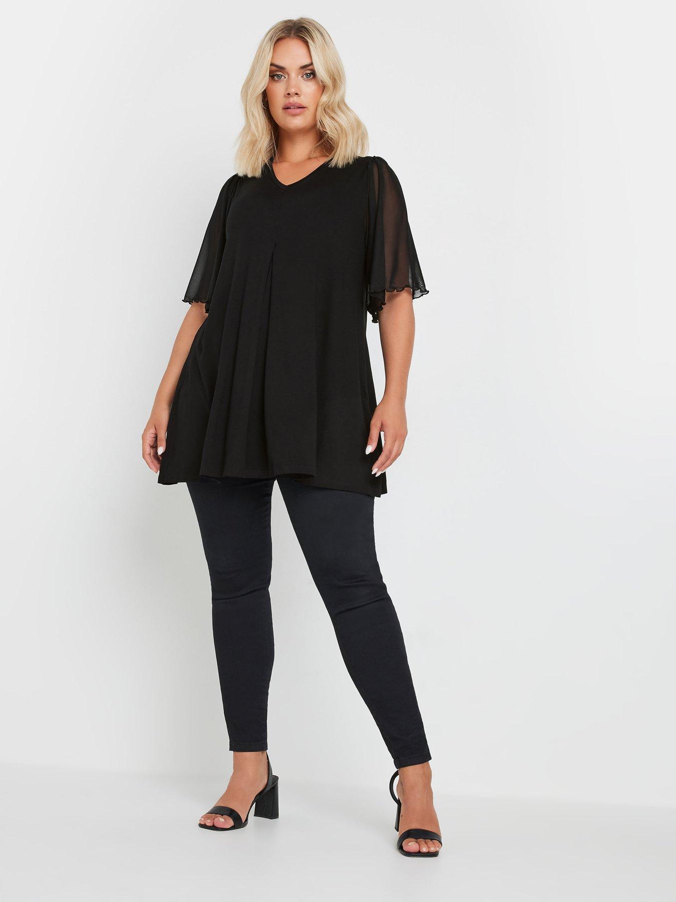 yours-curve-pleat-front-mesh-sleeve-top-black