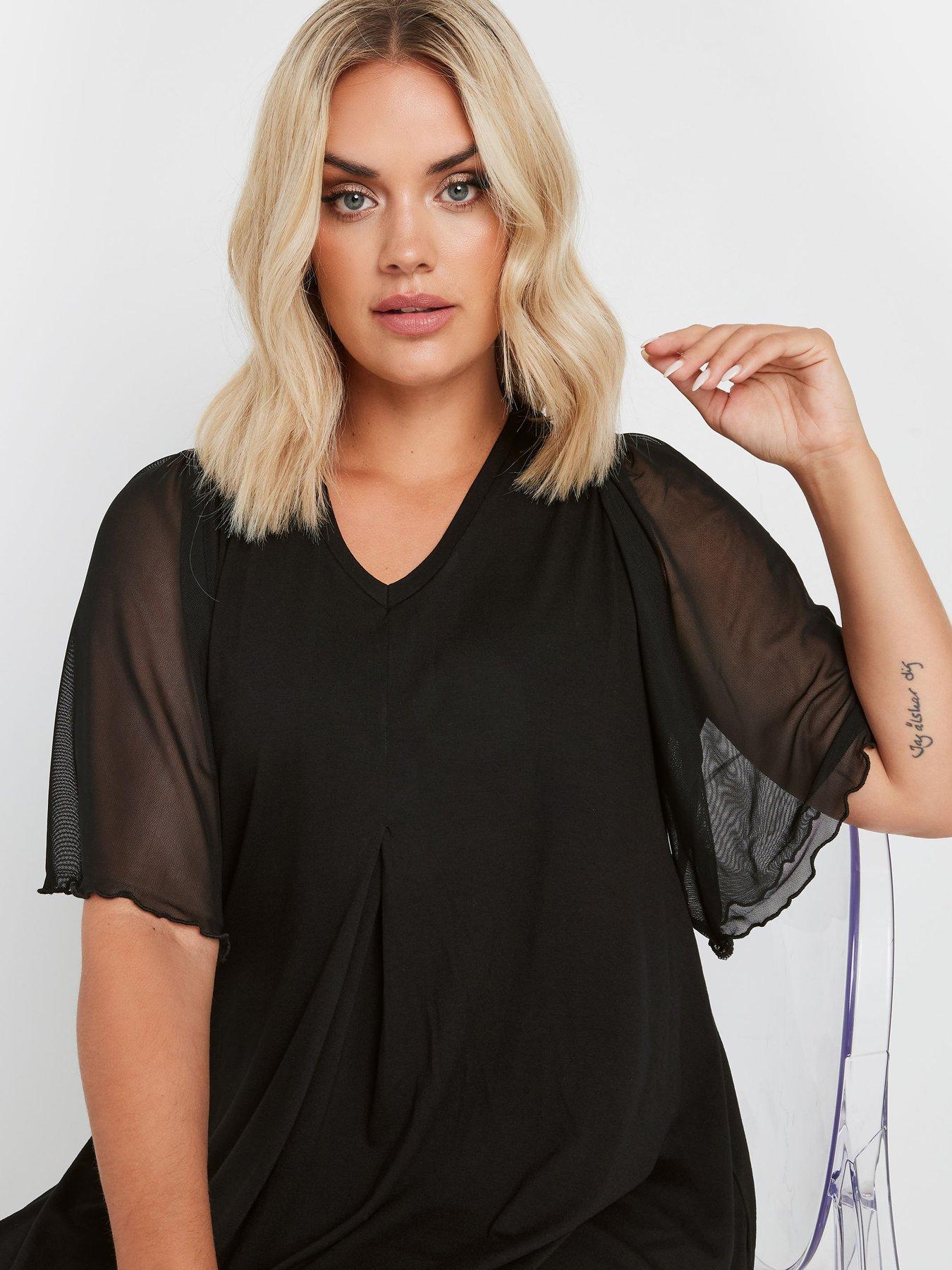 yours-curve-pleat-front-mesh-sleeve-top-blackoutfit