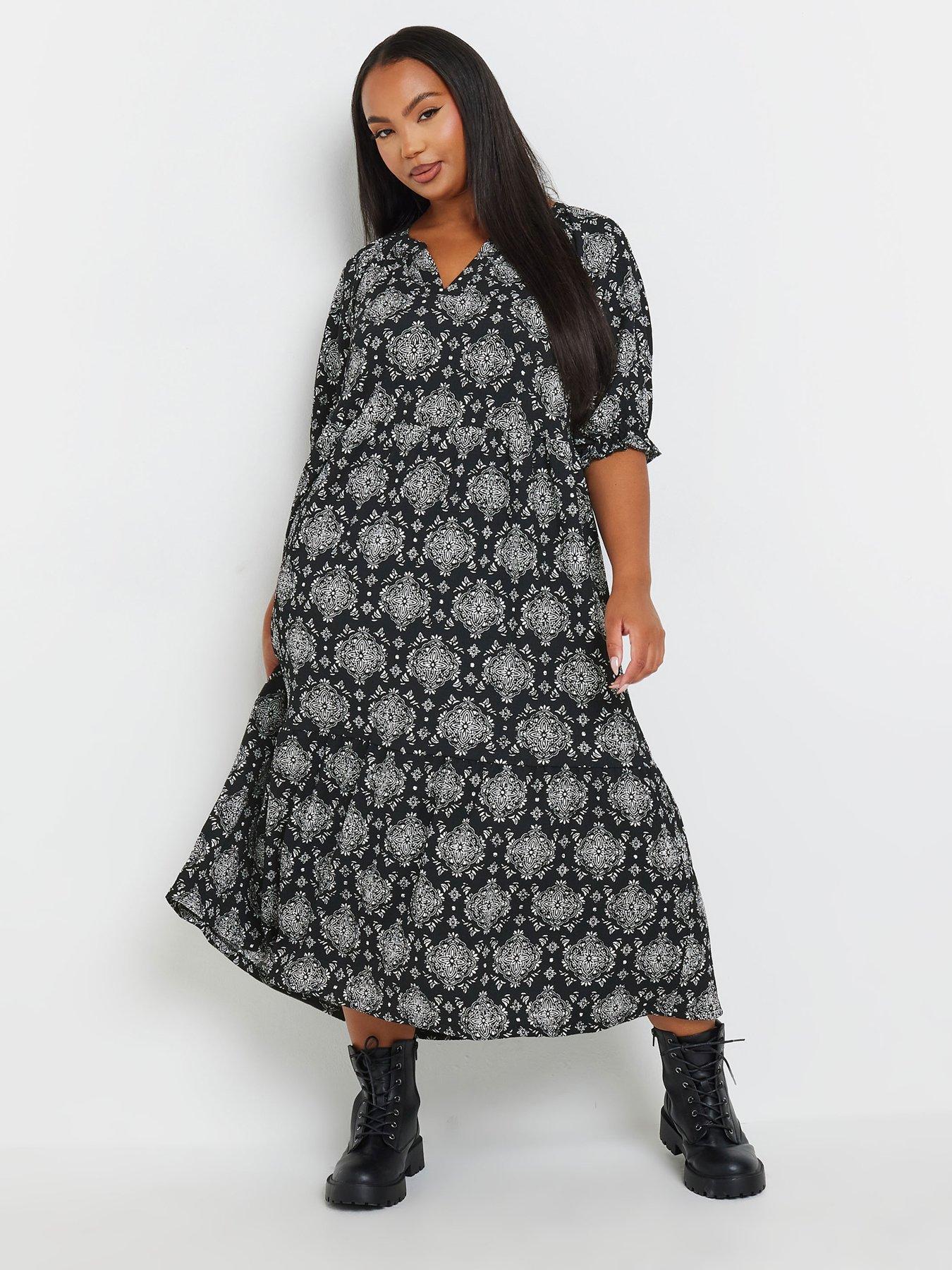 Image of Yours Curve Notch Neck Tiered Dress - Black