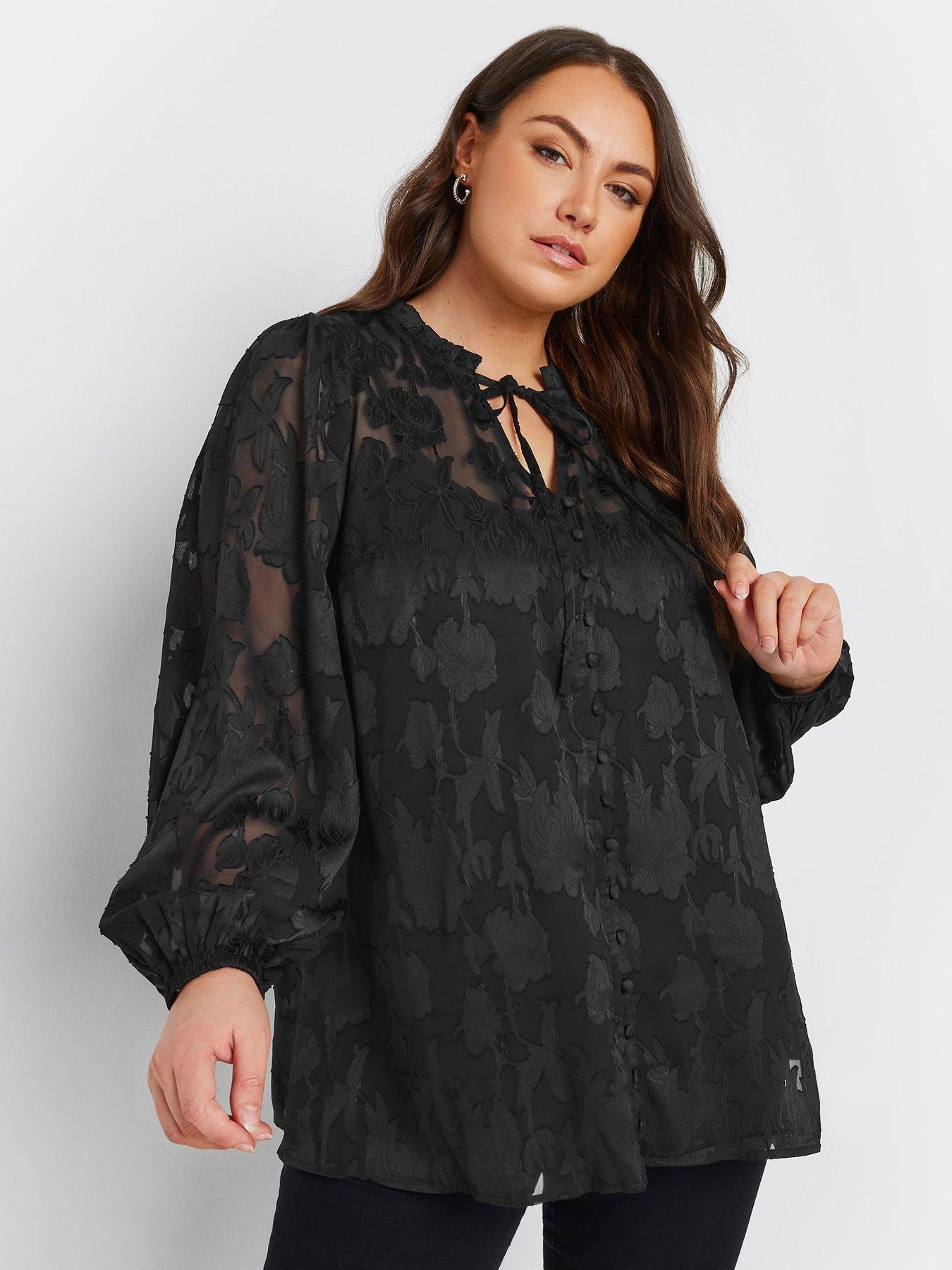 Image 1 of 4 of Yours Curve Coupe Tie Neck Blouse - Black