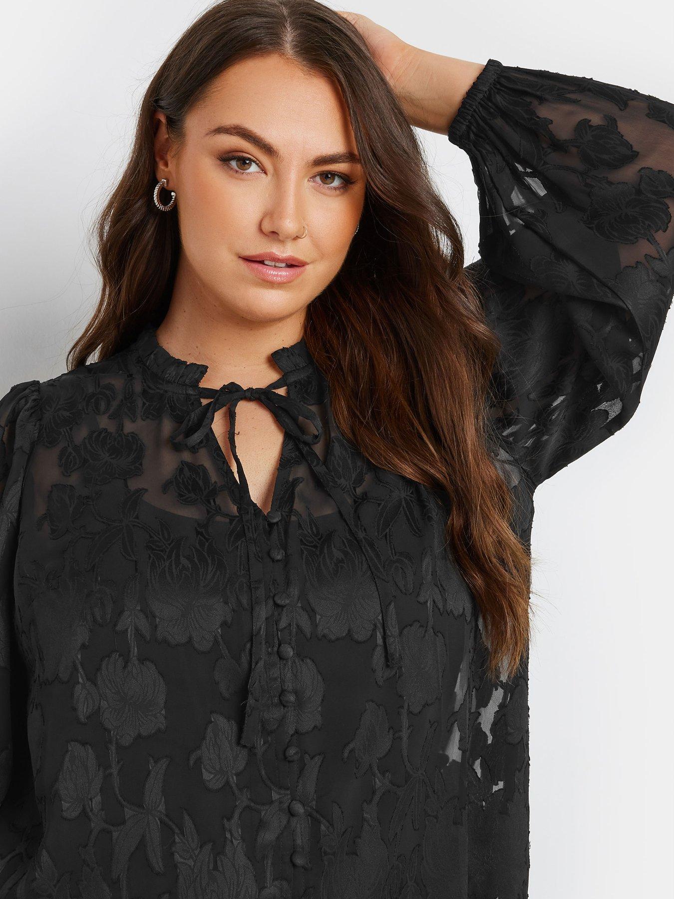 Image 4 of 4 of Yours Curve Coupe Tie Neck Blouse - Black