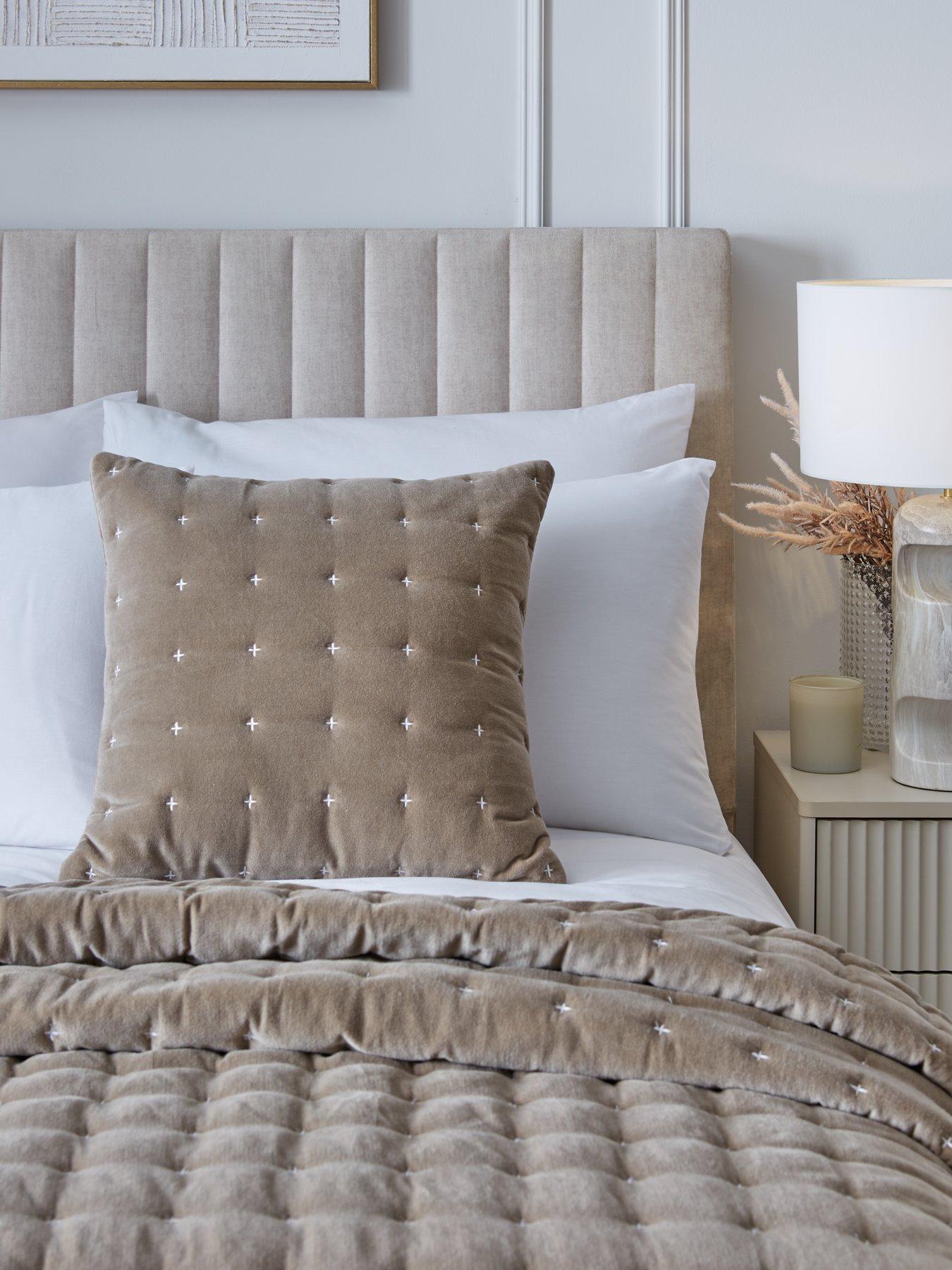 Very Home Cross Stitch Quilted Cushion in Taupe